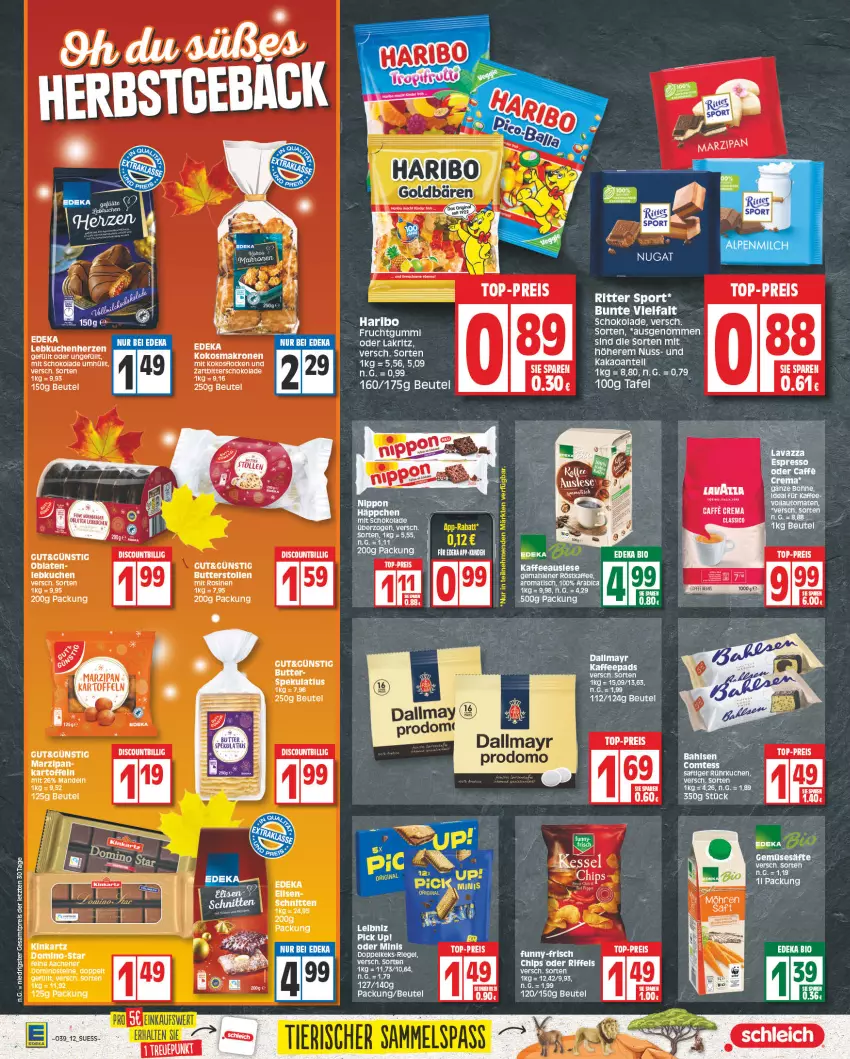 Aktueller Prospekt Edeka - Angebote der Woche - von 25.09 bis 30.09.2023 - strona 12 - produkty: bett, beutel, bio, butter, chips, comtess, dallmayr, deka, Dominosteine, edeka bio, eis, frucht, fruchtgummi, funny-frisch, haribo, kaffee, kaffeepads, kakao, kokos, krone, kuchen, Lebkuchen, leibniz, mandel, mandeln, marzipan, nuss, Oblaten, Pick Up!, reis, ritter, ritter sport, schnitten, schoko, schokolade, Sport, Stollen, Ti, tisch, top-preis, Zartbitterschokolade, ZTE