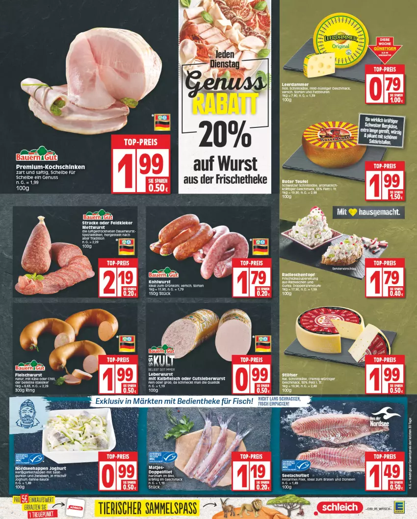 Aktueller Prospekt Edeka - Angebote der Woche - von 25.09 bis 30.09.2023 - strona 5 - produkty: auer, Bau, Bauer, braten, discount, doppelrahmstufe, eis, elle, fisch, fleisch, frischkäse, gurke, gurken, ideal zum braten, joghur, joghurt, Kalbfleisch, Käse, kochschinken, kraft, lachs, leerdammer, mac, matjes, Mett, mettwurst, mit kalbfleisch, natur, Nordsee, nuss, radieschen, reis, rel, saft, sahne, salat, sauce, schinken, schnittkäse, schweizer schnittkäse, Spezi, Ti, top-preis, topf, wurst, ZTE, zwiebel, zwiebeln