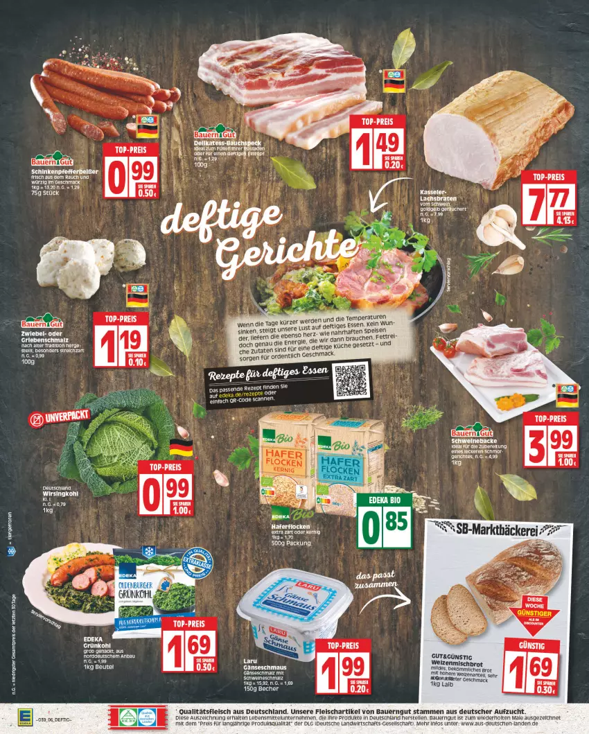 Aktueller Prospekt Edeka - Angebote der Woche - von 25.09 bis 30.09.2023 - strona 6 - produkty: auer, Bau, Bauer, bauerngut, Becher, beutel, braten, brot, dell, eintopf, eis, elle, erde, fleisch, kasseler, küche, lachs, Lachsbraten, lebensmittel, LG, mac, malz, Maus, Rauch, reis, rouladen, Schmalz, Speck, Ti, top-preis, topf, weizenmischbrot, Wirsing, Wirsingkohl, ZTE, zwiebel