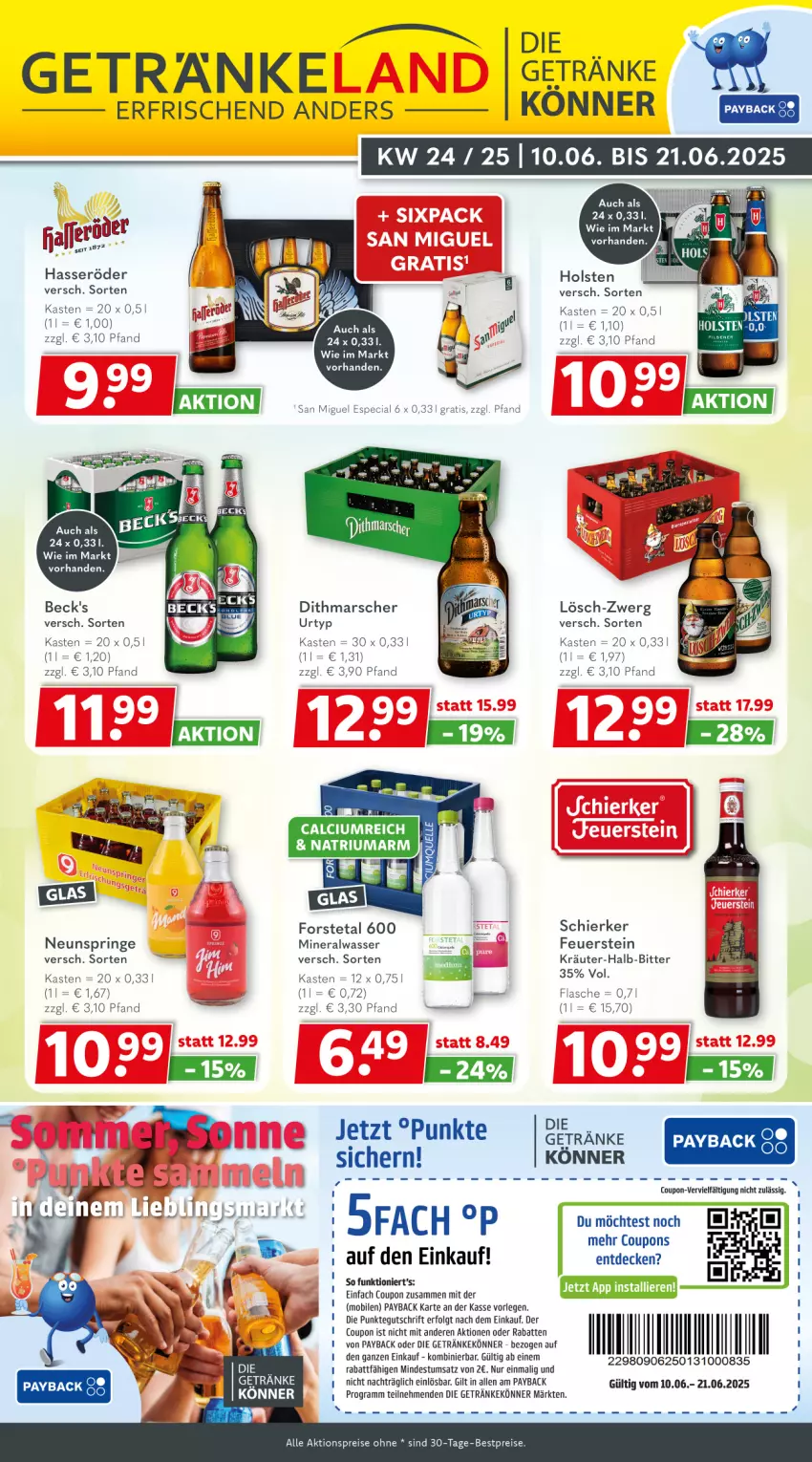 Aktueller Prospekt Getraenkeland - von 09.06 bis 20.06.2025 - strona 1 - produkty: aktionspreis, Alwa, beck's, becks, bestpreis, bestpreise, Calcium, coupon, coupons, decke, eis, flasche, Forstetal, getränk, getränke, hasseröder, holsten, kräuter, LG, mars, mineralwasser, payback, reis, ring, Ti, urtyp, wasser