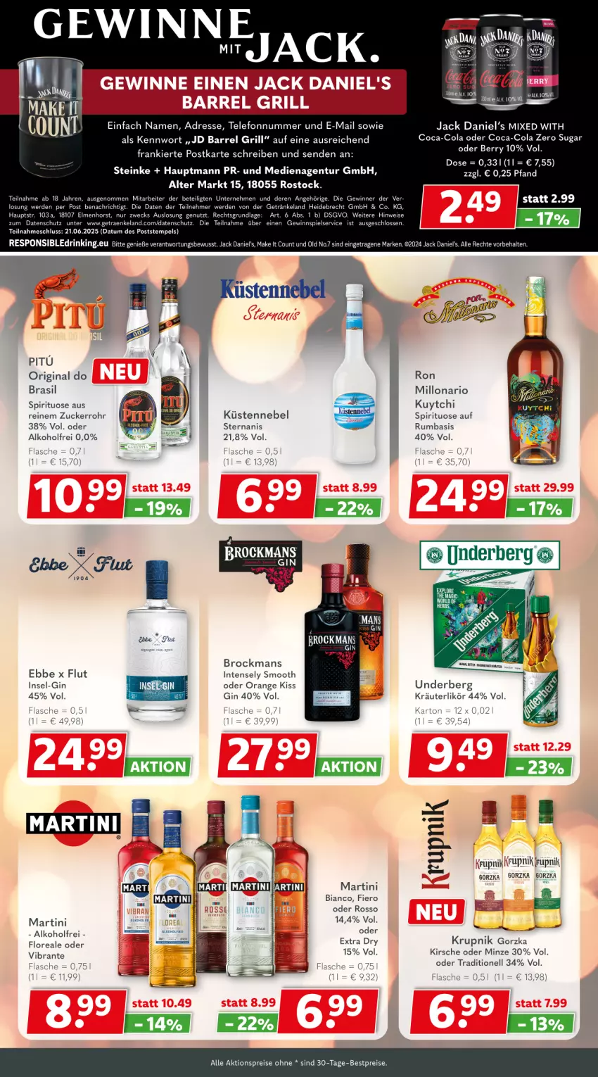 Aktueller Prospekt Getraenkeland - von 09.06 bis 20.06.2025 - strona 7 - produkty: aktionspreis, alkohol, bestpreis, bestpreise, Brock, coca-cola, cola, drink, eis, Elan, erde, flasche, getränk, getränke, gewinnspiel, gin, grill, jack daniel, jack daniel's, Jack Daniel’s, kirsch, kirsche, kräuter, kräuterlikör, likör, loreal, martini, minze, orange, reis, rel, rum, tee, telefon, Ti, underberg, weck, zucker
