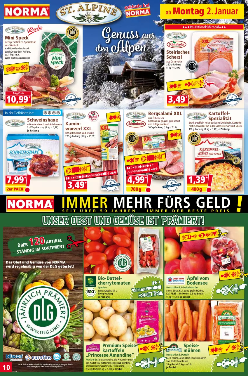 Aktueller Prospekt Norma - Norma - von 02.01 bis 09.01.2022 - strona 10 - produkty: auer, axe, Bau, Bauer, beutel, bio, cherrytomaten, Datteln, eis, elle, erde, früchte, Haxe, Kamin, Kaminwurz, kartoffel, kartoffeln, kühlregal, LG, mac, möhren, nuss, obst, Obst und Gemüse, regal, reis, salami, Schal, Schale, schinken, schwein, Speck, speisekartoffeln, speisemöhren, Spezi, Ti, tiefpreis, tisch, tomate, tomaten, und gemüse, wein, zwiebel, zwiebeln