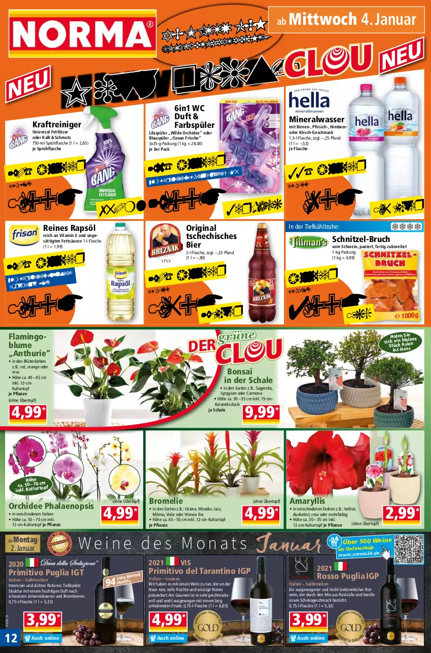 Aktueller Prospekt Norma - Norma - von 02.01 bis 09.01.2022 - strona 12 - produkty: Alwa, beere, beeren, bier, Birnen, blume, Blüte, brombeere, brombeeren, Bromelie, Fettlöser, flasche, frucht, früchte, gin, himbeer, johannisbeere, Johannisbeeren, kirsch, kraft, kulturtopf, mac, mineralwasser, orange, orchidee, pfirsich, pflanze, phalaenopsis, primitivo, rapsöl, reines rapsöl, reiniger, rotwein, Schal, Schale, schnitzel, Schnitzel-Bruch, schoko, schwein, sprühflasche, Ti, topf, übertopf, vanille, vita, wasser, wein, weine, Wild