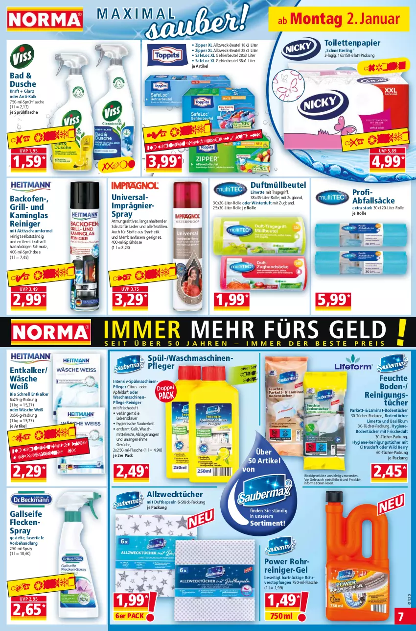 Aktueller Prospekt Norma - Norma - von 02.01 bis 09.01.2022 - strona 7 - produkty: Allzwecktücher, apfel, auer, backofen, Bad, basilikum, beutel, bio, biozidprodukte, Bodentücher, citrus, dusche, entkalker, flasche, gefrierbeutel, grill, Kamin, kraft, laminat, limette, Maschinenpfleger, Mett, müllbeutel, Ofen, papier, Rauch, reiniger, Reinigung, reinigungstücher, rwe, Schmetterling, Seife, sprühflasche, spülmaschinen, tender, Ti, toilettenpapier, topf, tragegriff, tücher, waschmaschine, waschmaschinen, waschmittel, weck, Wild, wild berry, zipper