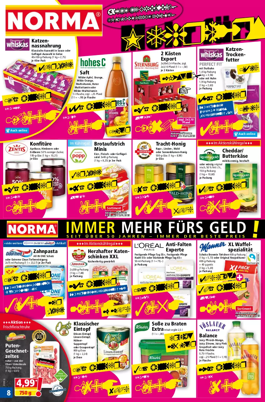 Aktueller Prospekt Norma - Norma - von 02.01 bis 09.01.2022 - strona 8 - produkty: anti-falten experte, apfel, aprikose, aufstrich, beere, blume, blumen, braten, brot, brotaufstrich, brownie, butter, butterkäse, cheddar, eier, eintopf, eis, erbsen, erdbeere, flasche, fleisch, früchte, Geflügel, geflügelsalat, gelee, geschnetzeltes, gin, grapefruit, himbeer, himbeere, honig, hühner, Hühnersuppe, Käse, katenschinken, Katzentrockenfutter, konfitüre, küche, Küchen, kühlregal, linsen, linsen-eintopf, mango, Nassnahrung, natur, orange, pasta, pfirsich, pute, Putengeschnetzeltes, regal, Reinigung, saft, salat, sauce, schinken, schoko, sonnenblume, sonnenblumen, Soße, Spezi, suppe, suppen, Ti, topf, Törtchen, trockenfutter, truthahn, vita, würfel, zahnpasta, Zelt, zitrone, zucker