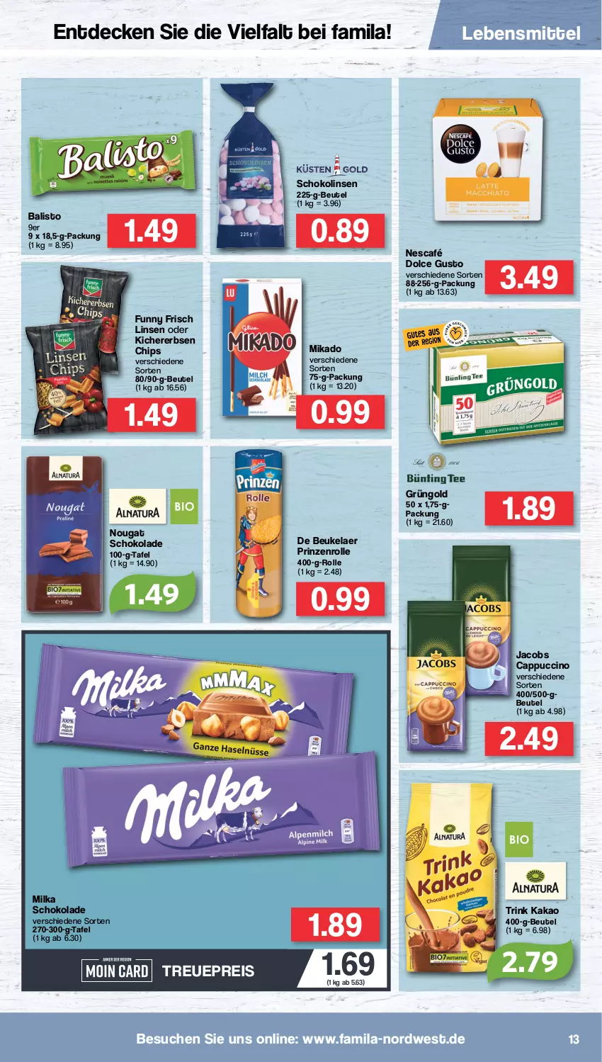 Aktueller Prospekt Famila - Prospekte - von 25.07 bis 30.07.2022 - strona 13 - produkty: balisto, beutel, Cap, cappuccino, chips, cin, de beukelaer, decke, dolce gusto, eis, erbsen, Funny Frisch, jacobs, kakao, kichererbsen, Kichererbsen Chips, lebensmittel, linsen, mikado, milka, milka schokolade, Nescafé, prinzenrolle, reis, schoko, schokolade, Schokolinsen