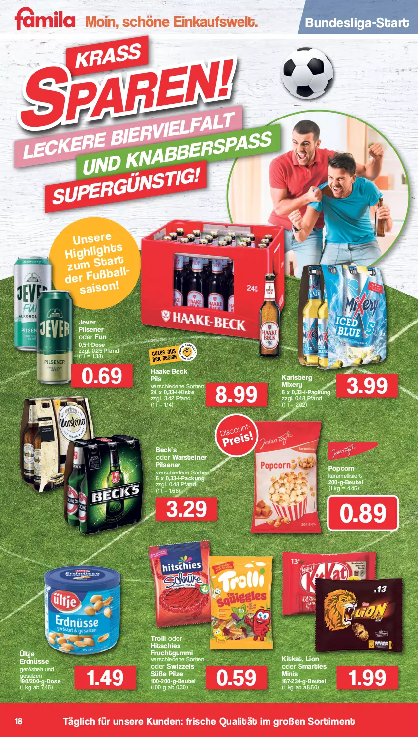 Aktueller Prospekt Famila - Prospekte - von 25.07 bis 30.07.2022 - strona 18 - produkty: beutel, erdnüsse, frucht, fruchtgummi, jever, jever pilsener, karamell, karlsberg, karlsberg mixery, kitkat, lion, Mixer, mixery, pils, pilsener, pilze, popcorn, salz, smarties, steiner, Ti, trolli, ültje, ültje erdnüsse, warsteiner