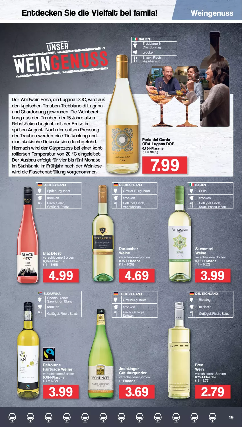 Aktueller Prospekt Famila - Prospekte - von 25.07 bis 30.07.2022 - strona 19 - produkty: auer, Bau, bree, burgunder, chardonnay, decke, deka, erde, fisch, flasche, Geflügel, gin, grauburgunder, grauer burgunder, grill, grillo, Käse, lack, LG, nuss, pasta, perla, riesling, salat, sauvignon, sauvignon blanc, schwein, snack, spätburgunder, Ti, tisch, trauben, trolli, usb, Vegeta, wein, weine, Weißwein