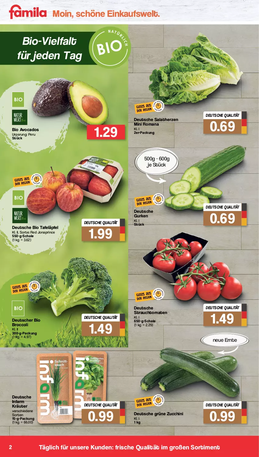 Aktueller Prospekt Famila - Prospekte - von 25.07 bis 30.07.2022 - strona 2 - produkty: avocado, avocados, bio, broccoli, gurke, gurken, kräuter, Rauch, salat, salatherzen, Schal, Schale, strauchtomaten, tafeläpfel, Ti, tomate, tomaten, zucchini