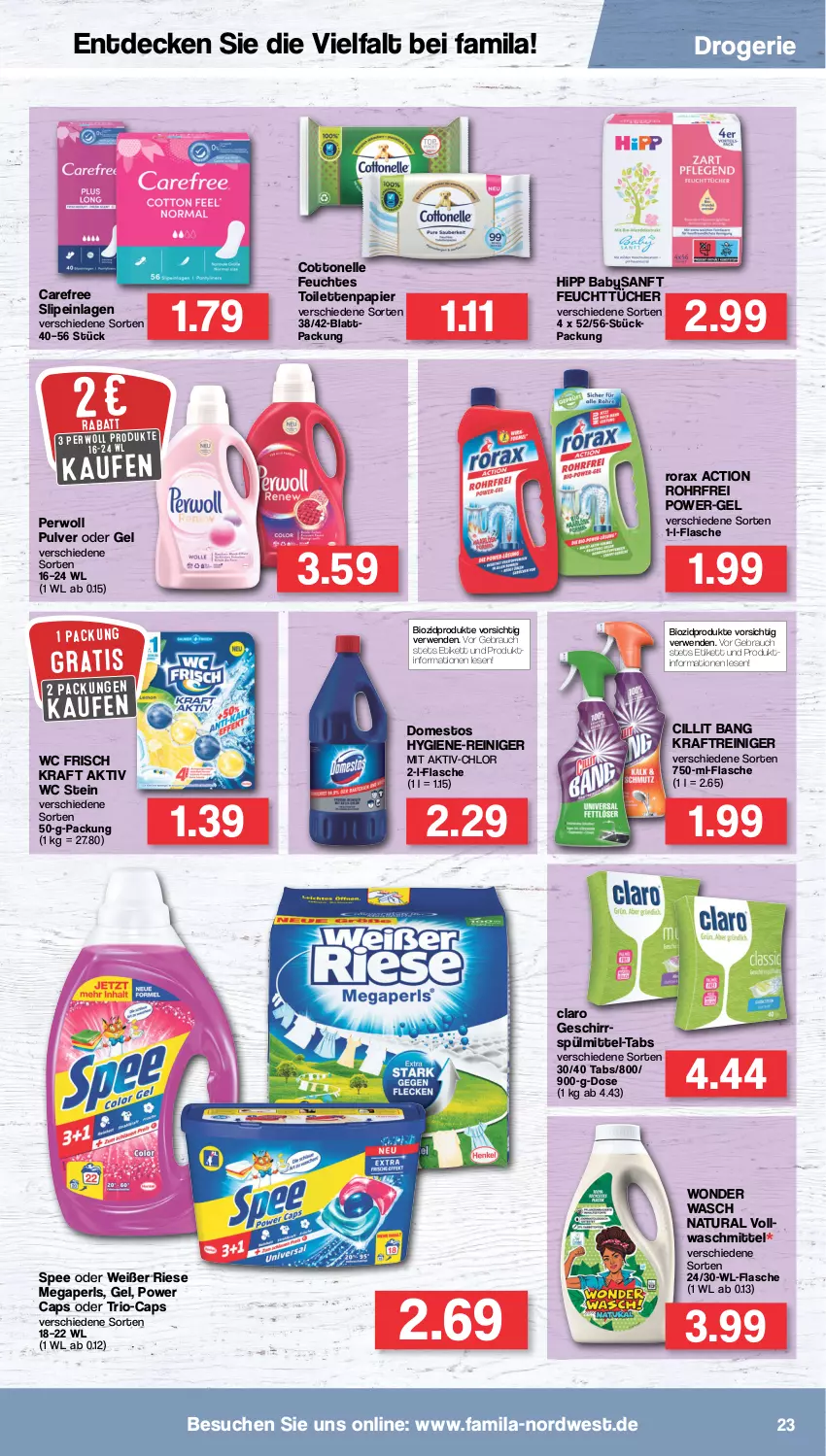 Aktueller Prospekt Famila - Prospekte - von 25.07 bis 30.07.2022 - strona 23 - produkty: bio, biozidprodukte, Cap, carefree, Cillit, cillit bang, cottonelle, decke, domestos, elle, feuchtes toilettenpapier, feuchttücher, flasche, geschirr, geschirrspülmittel, hipp, hygiene-reiniger, kraft, megaperls, natur, natura, papier, perwoll, power-gel, Rauch, reiniger, rorax, rwe, slip, slipeinlagen, spee, spülmittel, Ti, toilettenpapier, tücher, vollwaschmittel, waschmittel, wc frisch, WC Frisch Kraft Aktiv