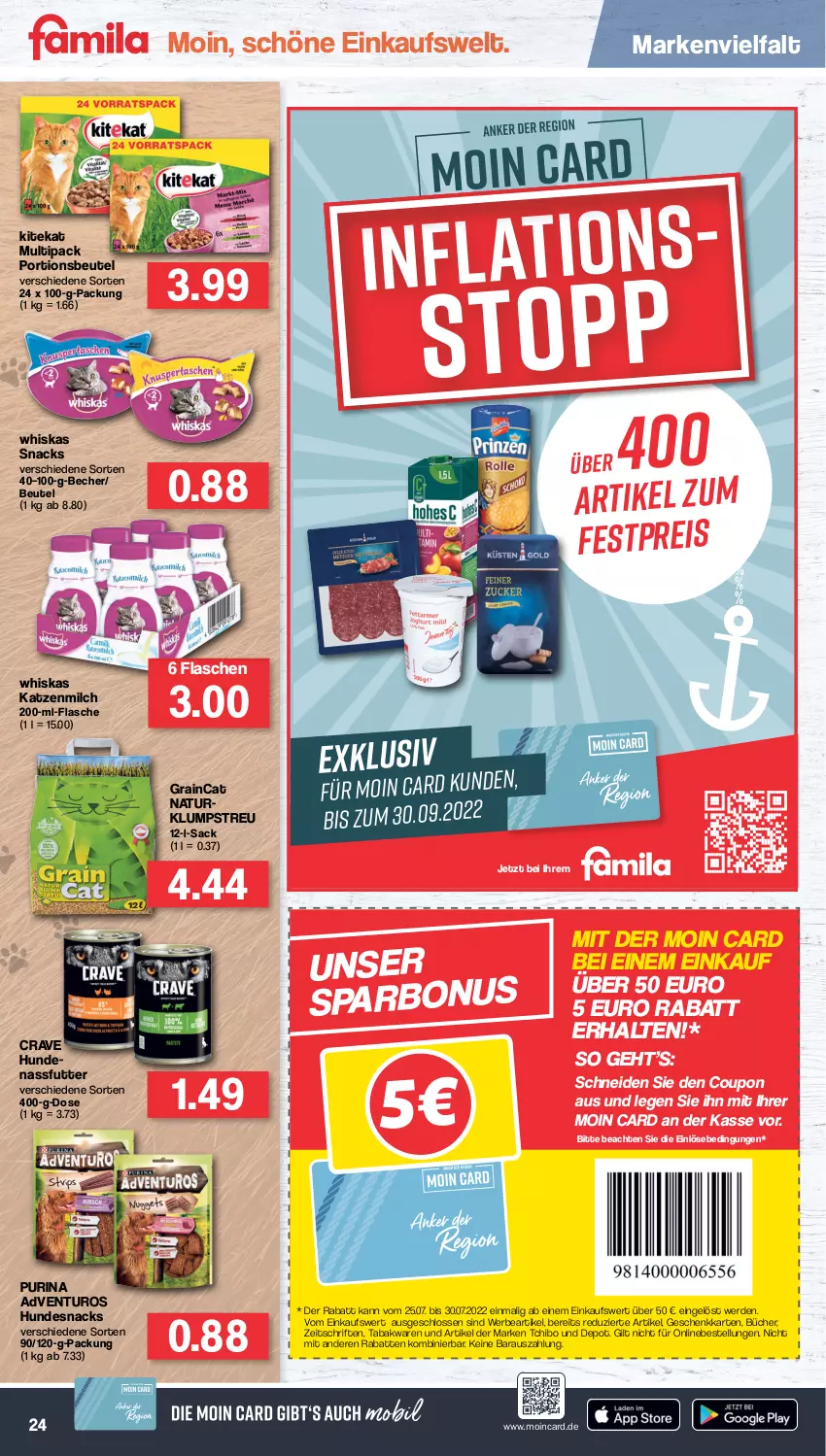 Aktueller Prospekt Famila - Prospekte - von 25.07 bis 30.07.2022 - strona 24 - produkty: adventuros, Becher, beutel, coupon, eis, erde, flasche, hundesnack, hundesnacks, katzenmilch, kitekat, klumpstreu, milch, nassfutter, natur, portionsbeutel, purina, reis, sac, snack, snacks, Tchibo, Ti, whiskas