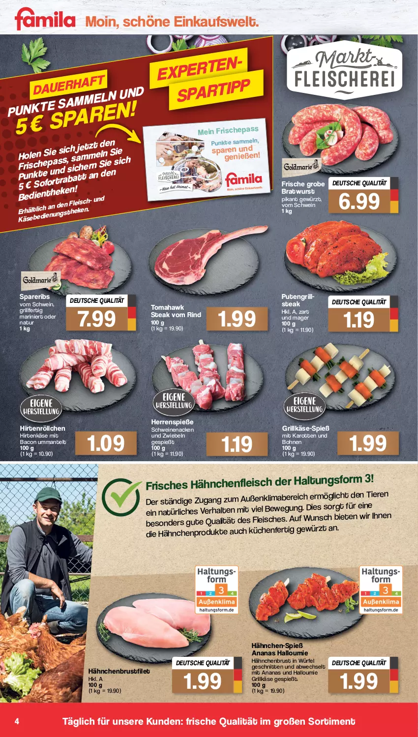 Aktueller Prospekt Famila - Prospekte - von 25.07 bis 30.07.2022 - strona 4 - produkty: ananas, bacon, bohne, bohnen, bratwurst, brustfilet, eis, filet, fleisch, gewürz, grill, Grillkäse, hähnchenbrust, hähnchenbrustfilet, Hähnchenfleisch, Halloumi, hirtenkäse, Hirtenröllchen, karotten, Käse, küche, Küchen, mac, Mantel, natur, pute, rind, Schere, schnitten, schwein, schweine, schweinenacken, spareribs, steak, Ti, Tiere, wein, weine, würfel, wurst, zwiebel, zwiebeln