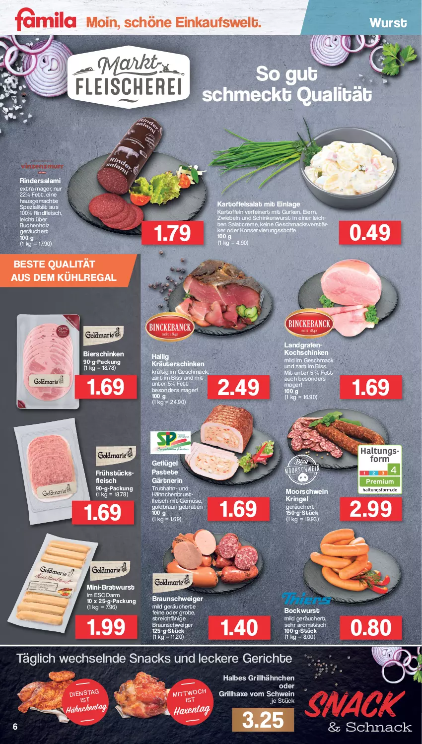 Aktueller Prospekt Famila - Prospekte - von 25.07 bis 30.07.2022 - strona 6 - produkty: aus dem kühlregal, axe, bier, bierschinken, bockwurst, braten, bratwurst, braun, buch, creme, eier, eis, fleisch, frühstücksfleisch, Geflügel, grill, grillhähnchen, grillhaxe, gurke, gurken, hähnchenbrust, Haxe, Holz, kartoffel, kartoffeln, kartoffelsalat, kochschinken, kräuter, kühlregal, mac, mit gemüse, pastete, regal, rind, rinder, Rindersalami, rindfleisch, ring, salami, salat, salatcreme, schinken, schinkenwurst, schwein, snack, snacks, Spezi, Ti, tisch, truthahn, wein, wurst, zwiebel, zwiebeln