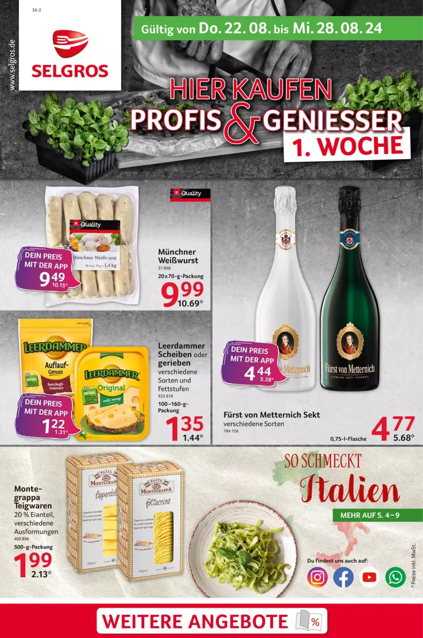 Aktueller Prospekt Selgros - Food - von 22.08 bis 28.08.2024 - strona 1 - produkty: eier, elle, flasche, fürst von metternich, gin, leerdammer, LG, Mett, metternich, monte, sekt, Weißwurst, wurst