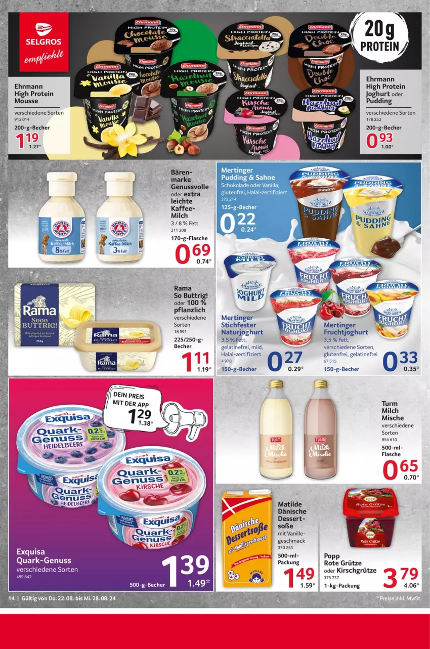 Aktueller Prospekt Selgros - Food - von 22.08 bis 28.08.2024 - strona 14 - produkty: Becher, dessert, ehrmann, exquisa, flasche, frucht, fruchtjoghurt, gelatine, grütze, joghur, joghurt, kaffee, kirsch, Kirschgrütze, mac, milch, mousse, natur, naturjoghurt, nuss, pudding, quark, rama, Rote Grütze, sahne, schoko, schokolade, Soße, tee, Ti, vanille