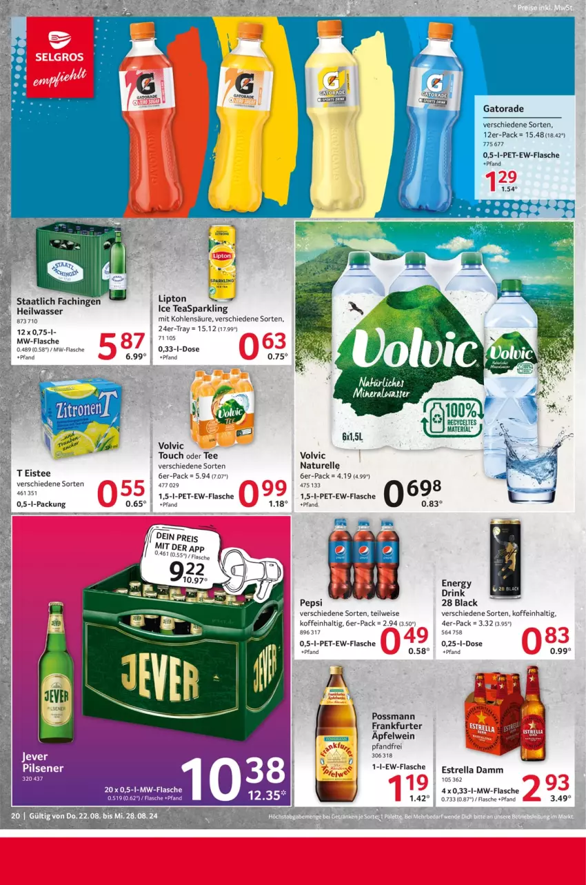 Aktueller Prospekt Selgros - Food - von 22.08 bis 28.08.2024 - strona 20 - produkty: apfel, apfelwein, drink, eis, eistee, elle, energy drink, Estrella Damm, flasche, frankfurter, Frankfurter Apfelwein, ice tea, lack, lipton, mw-flasche, natur, pepsi, rel, Ria, tee, Ti, volvic, wasser, wein