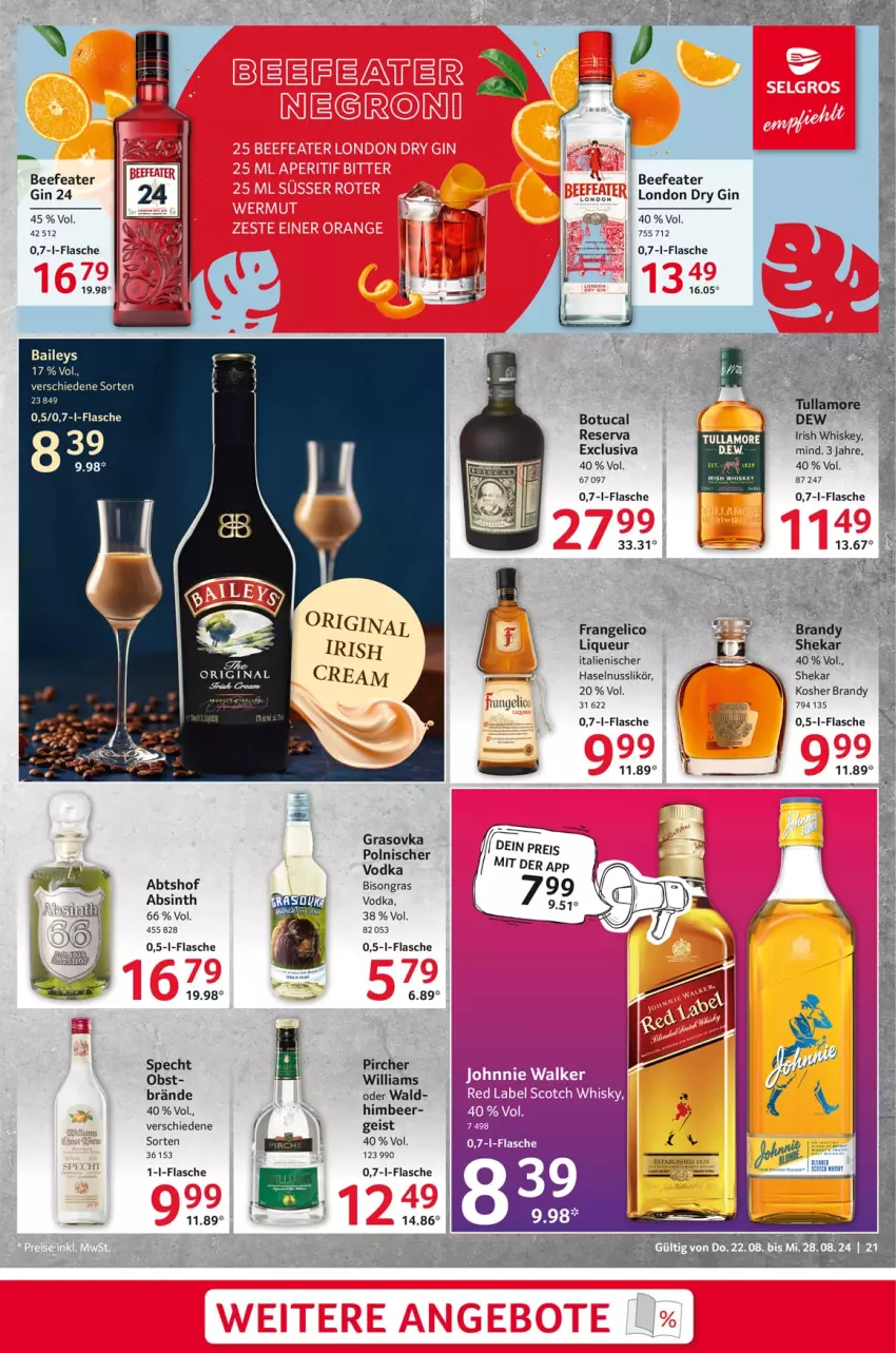 Aktueller Prospekt Selgros - Food - von 22.08 bis 28.08.2024 - strona 21 - produkty: baileys, beef, Beefeater, dry gin, eis, flasche, frangelico, gin, haselnuss, himbeer, irish whiskey, likör, liqueur, london dry, london dry gin, nuss, obst, pircher, specht, tuc, tullamore, tullamore dew, vodka, whiskey