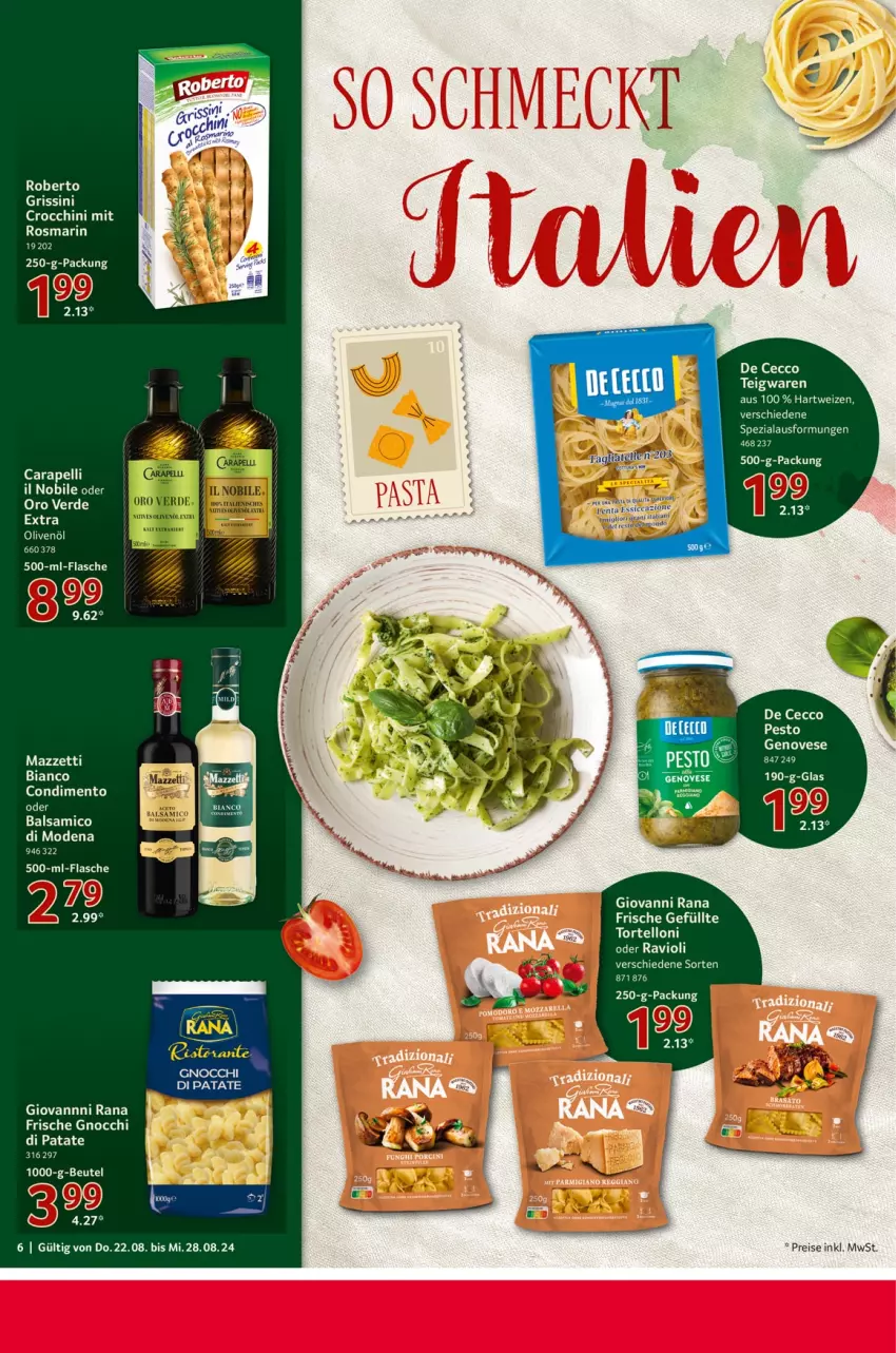 Aktueller Prospekt Selgros - Food - von 22.08 bis 28.08.2024 - strona 6 - produkty: balsam, balsamico, beutel, condimento, De Cecco, ecco, eis, flasche, genovese, giovanni rana, gnocchi, hartweizen, Mode, olive, oliven, olivenöl, pesto, Rana, ravioli, reis, rosmarin, Spezi, tee, teigwaren, Ti, torte, tortelloni