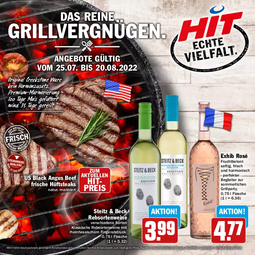 Aktueller Prospekt Hit - Prospekte - von 25.07 bis 20.08.2022 - strona 1 - produkty: aktionspreis, angebot, angebote, beef, eis, elle, flasche, frucht, gin, grill, hüftsteak, hüftsteaks, lack, mais, merl, natur, rebsortenweine, reis, saft, steak, steaks, Ti, wein, weine