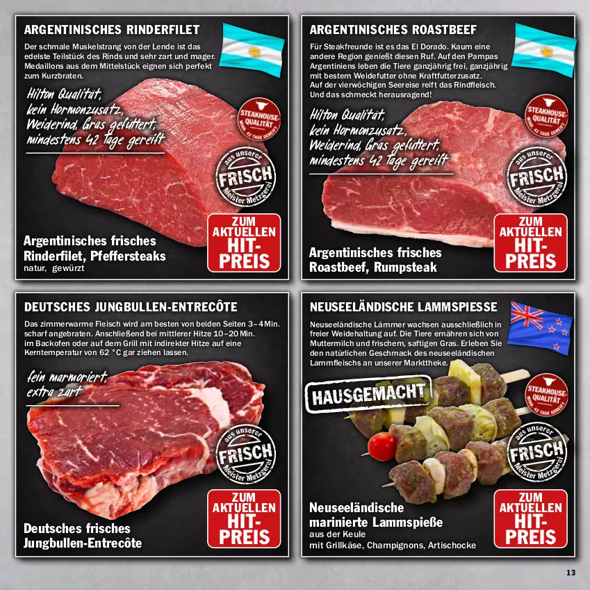 Aktueller Prospekt Hit - Prospekte - von 25.07 bis 20.08.2022 - strona 13 - produkty: backofen, beef, braten, champignon, champignons, eier, eis, elle, entrecôte, filet, fleisch, gewürz, grill, Grillkäse, jungbullen, Käse, kraft, lamm, Lammfleisch, Lammspieße, mac, medaillons, milch, natur, Ofen, pfeffer, reis, rind, rinder, rinderfilet, rindfleisch, roastbeef, rum, rumpsteak, saft, steak, steaks, Ti, Tiere, tisch