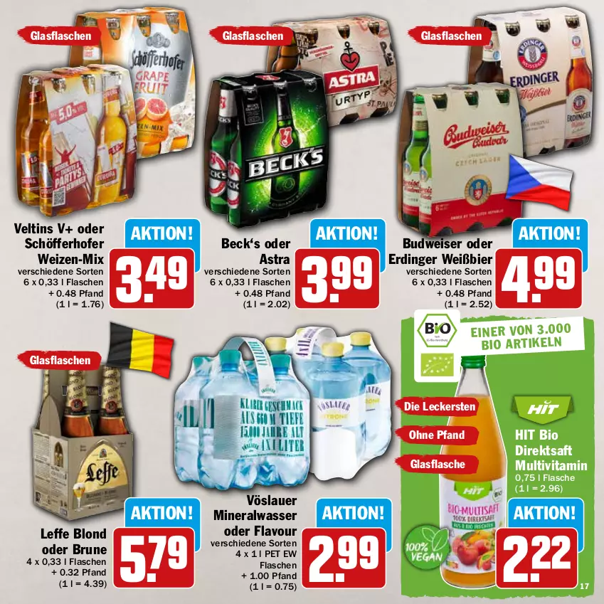 Aktueller Prospekt Hit - Prospekte - von 25.07 bis 20.08.2022 - strona 17 - produkty: Alwa, Astra, auer, bier, bio, budweiser, direktsaft, eis, erdinger, flasche, glasflasche, mineralwasser, saft, schöfferhofer, Ti, veltins, vita, vöslauer, wasser