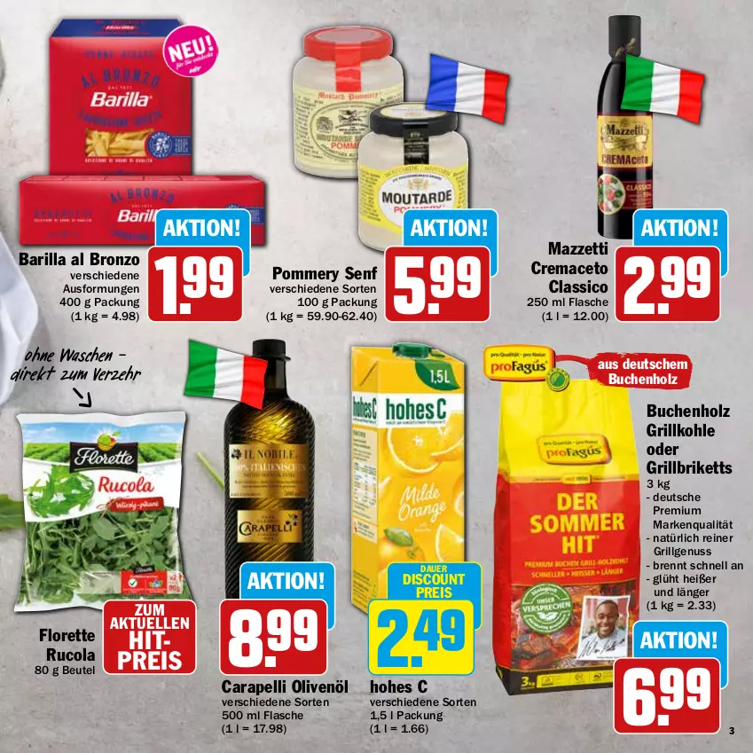 Aktueller Prospekt Hit - Prospekte - von 25.07 bis 20.08.2022 - strona 3 - produkty: aceto, auer, barilla, beutel, briketts, buch, classico, cola, discount, eis, elle, flasche, florette, grill, grillbriketts, Grillkohle, Hohes C, Holz, LG, mac, nuss, olive, oliven, olivenöl, reis, rucola, senf, Ti