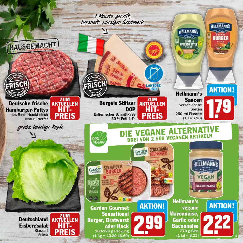 Aktueller Prospekt Hit - Prospekte - von 25.07 bis 20.08.2022 - strona 5 - produkty: bacon, bratwurst, burger, eis, eisbergsalat, elle, flasche, fleisch, garden gourmet, hackfleisch, hamburger, Käse, mac, mayonnaise, natur, pfeffer, reis, rind, rinder, rinderhackfleisch, salat, sauce, saucen, schnittkäse, Ti, wurst, Yo