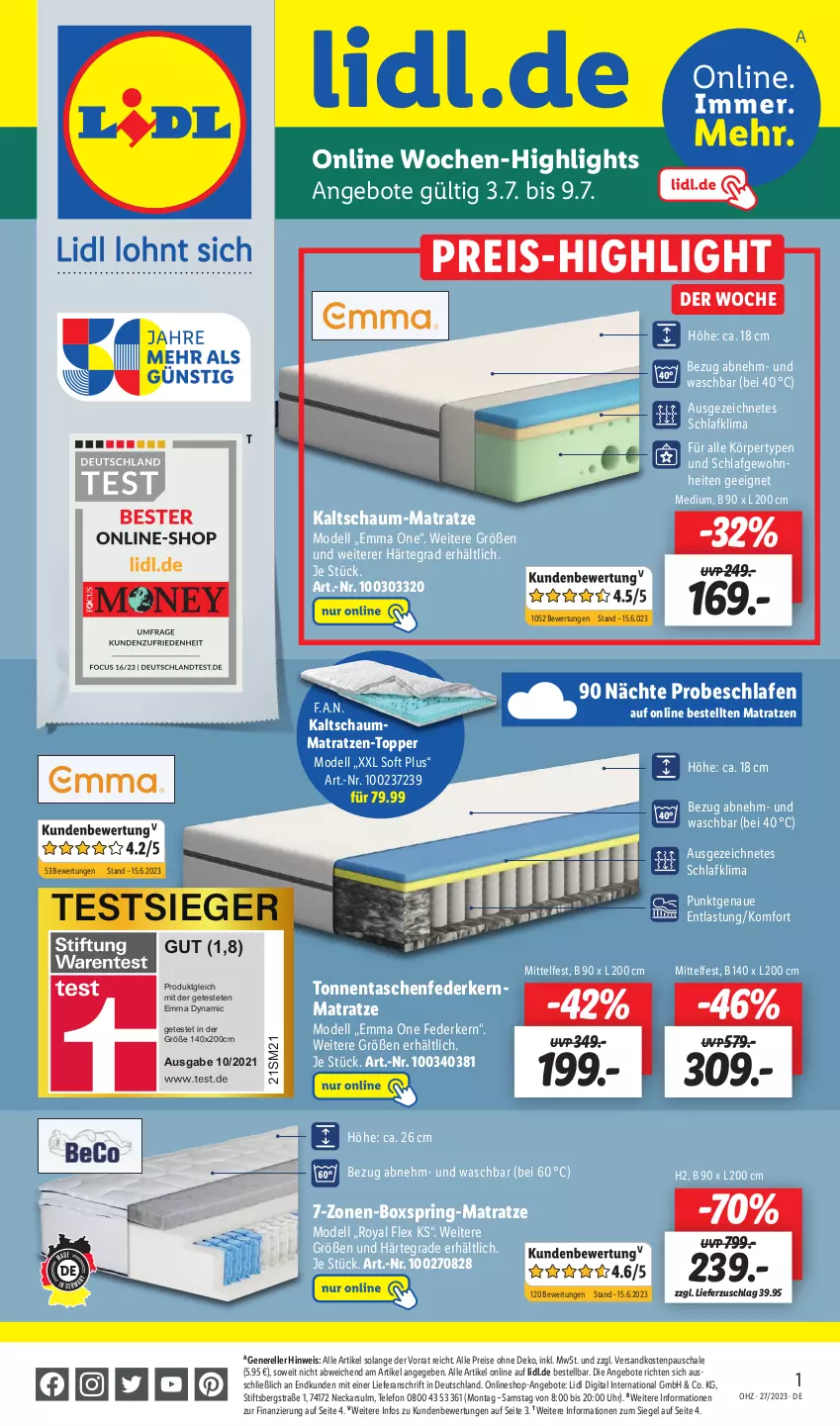 Aktueller Prospekt Lidl - Wochen-Highlights im Onlineshop - von 03.07 bis 09.07.2023 - strona 1 - produkty: angebot, angebote, dell, eis, elle, federkern, federkernmatratze, kaltschaum-matratze, kaltschaummatratze, kernmatratze, matratze, matratzen, Mode, ndk, reis, rel, ring, Schal, Schale, Schaummatratze, Tasche, taschen, taschenfederkernmatratze, telefon, Ti, topper, uhr