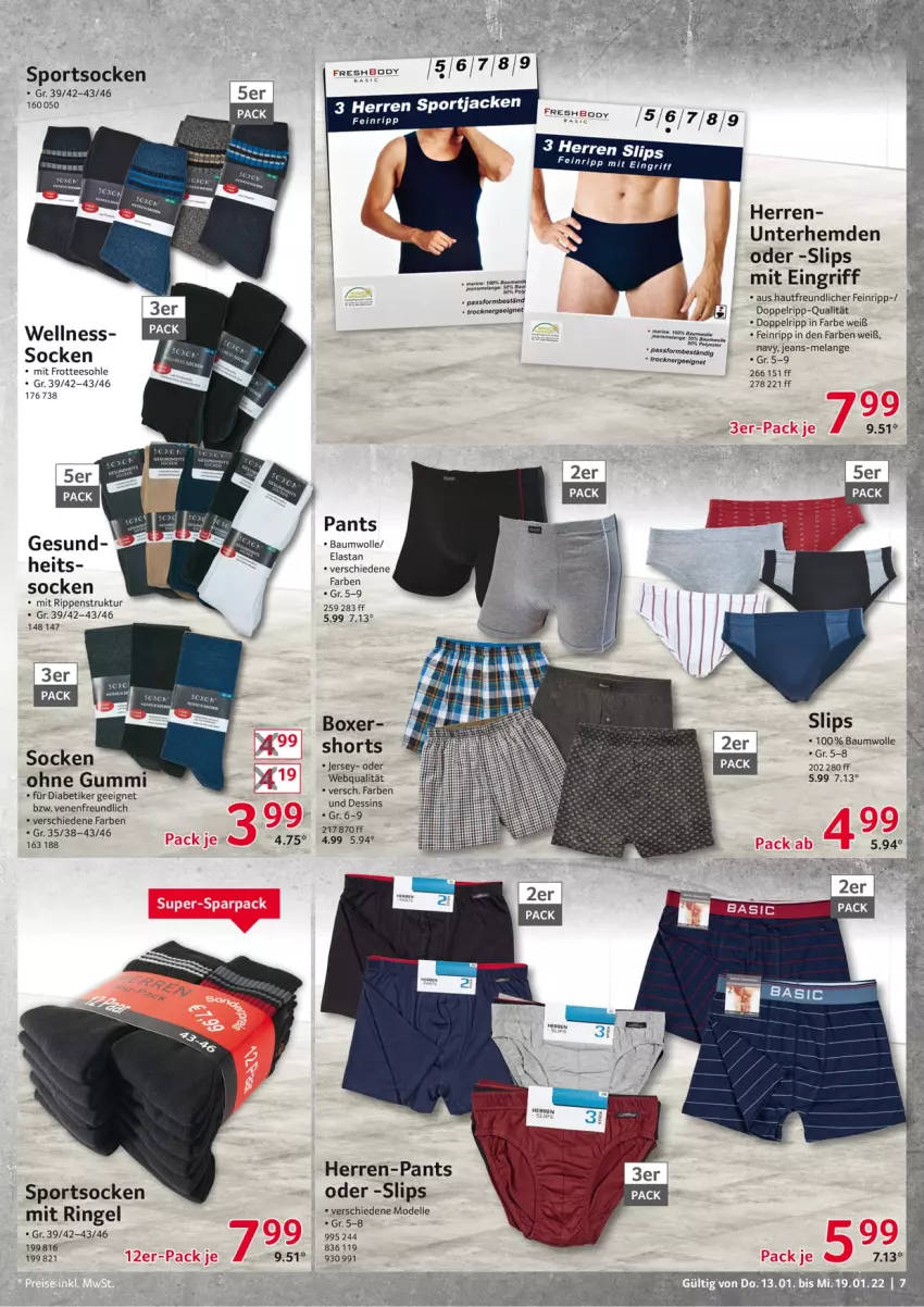 Aktueller Prospekt Selgros - Vorschau:
            Nonfood - von 13.01 bis 19.01.2022 - strona 7 - produkty: Bau, baumwolle, dell, Elan, elle, Ergee, hemd, hemden, herren-pants, Jacke, jeans, mit frotteesohle, Mode, Pants, ring, Rippen, shorts, slip, slips, socken, Sport, sportsocken, tee, Ti, Trockner, Unterhemd, unterhemden, wolle