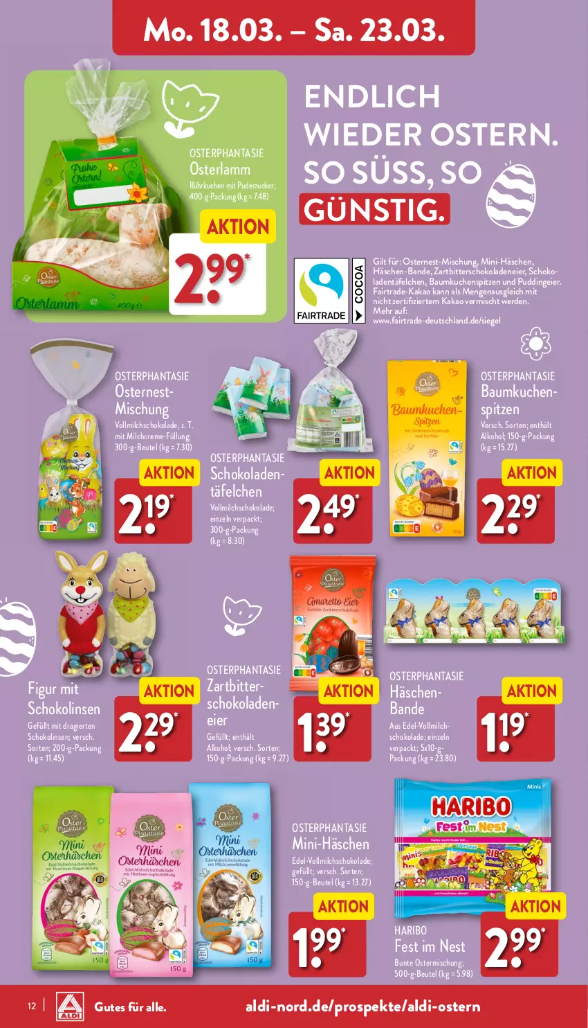 Aktueller Prospekt Aldi Nord - Von Montag - von 18.03 bis 23.03.2024 - strona 12 - produkty: aldi, alkohol, Bau, beutel, creme, eier, eis, erde, haribo, kakao, kuchen, lamm, linsen, milch, pudding, reis, schoko, schokolade, schokoladen, Schokolinsen, Ti, vollmilch, Zartbitterschokolade, zucker