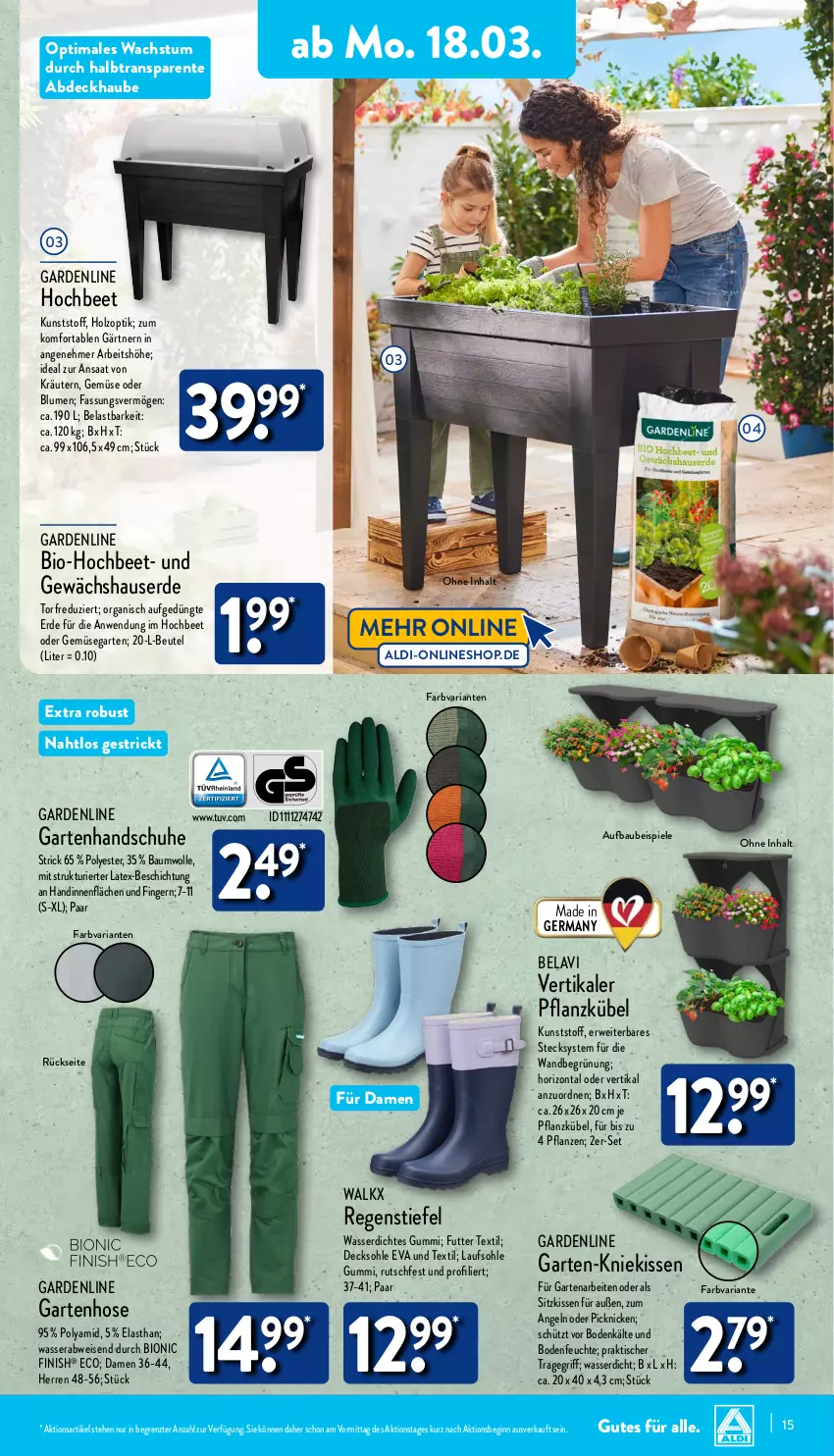 Aktueller Prospekt Aldi Nord - Von Montag - von 18.03 bis 23.03.2024 - strona 15 - produkty: abdeckhaube, aldi, Bau, baumwolle, beutel, bio, blume, blumen, decksohle, eis, ente, erde, Finish, Garten, Germ, Gewächshaus, gin, handschuhe, Holz, hose, kissen, Kniekissen, kräuter, kräutern, pflanze, pflanzen, Ria, rwe, schuhe, sitzkissen, Spiele, Ti, tisch, tragegriff, walkx, wasser, wolle, ZTE