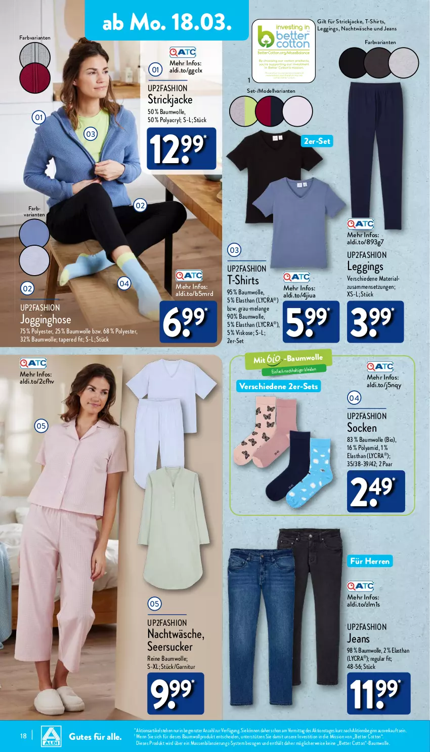 Aktueller Prospekt Aldi Nord - Von Montag - von 18.03 bis 23.03.2024 - strona 18 - produkty: aldi, Bau, baumwolle, bett, bio, dell, eis, Elan, garnitur, gin, hose, Jacke, jeans, Jogginghose, kleid, leggings, Mode, reine baumwolle, Ria, rwe, seersucker, shirt, shirts, socken, Strickjacke, T-Shirt, Ti, up2fashion, wolle, ZTE