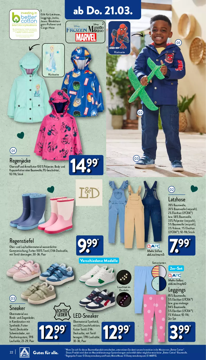 Aktueller Prospekt Aldi Nord - Von Montag - von 18.03 bis 23.03.2024 - strona 22 - produkty: aldi, Bau, baumwolle, bett, body, decksohle, dell, disney, eis, Elan, elle, gin, hose, Jacke, jeans, lack, Latzhose, leggings, Leuchte, Mode, obermaterial synthetik, Pullover, reine baumwolle, Ria, rind, rwe, schwein, sneaker, Ti, wasser, wein, wolle