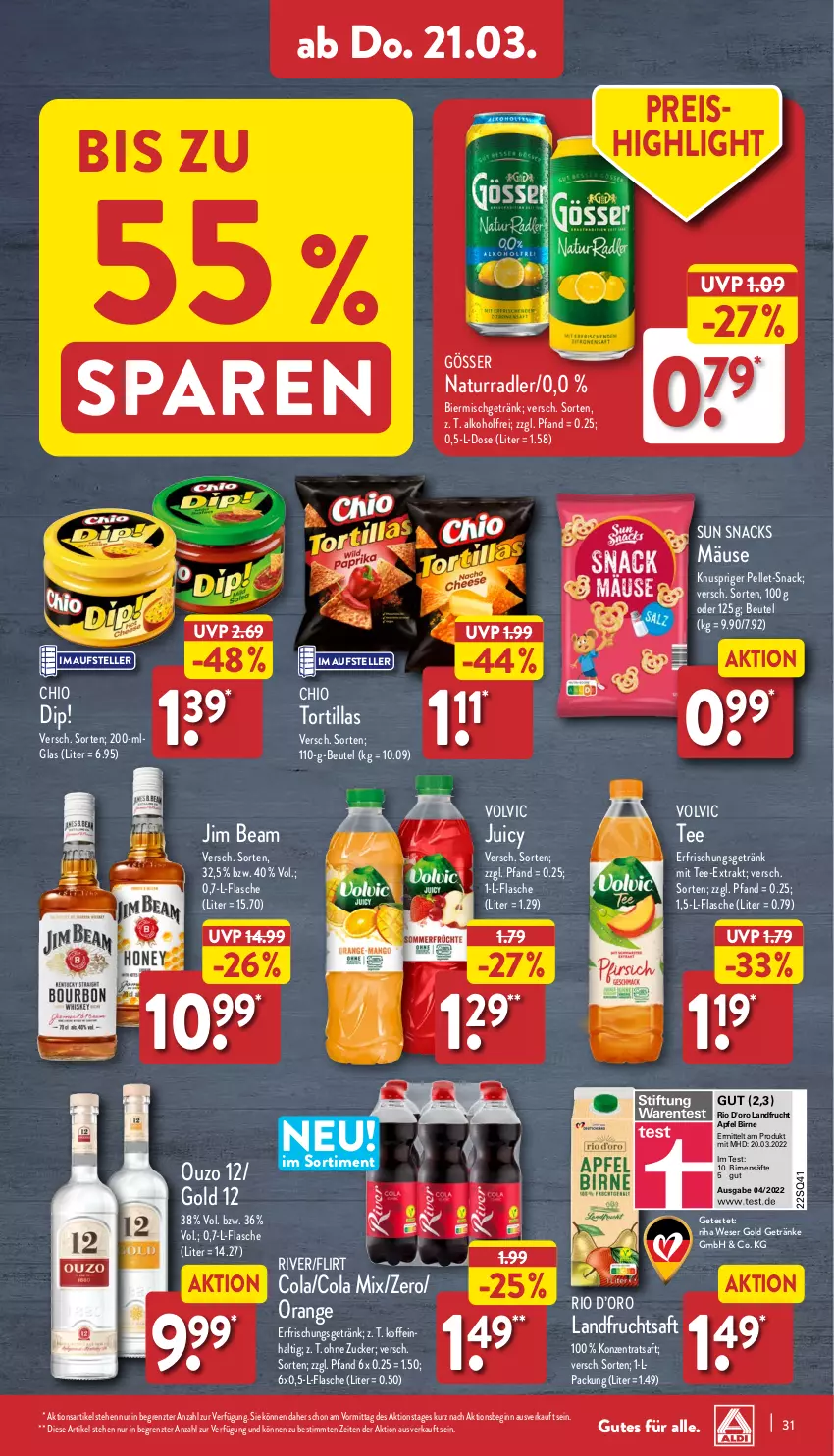 Aktueller Prospekt Aldi Nord - Von Montag - von 18.03 bis 23.03.2024 - strona 31 - produkty: alkohol, apfel, beutel, bier, Birnen, cola, d'oro, dip, eis, elle, erfrischungsgetränk, flasche, frucht, fruchtsaft, getränk, getränke, gin, gösser, LG, natur, orange, ouzo, ouzo 12, radler, reis, saft, säfte, snack, snacks, Sun Snacks, tee, teller, Ti, tortilla, tortillas, volvic, ZTE, zucker