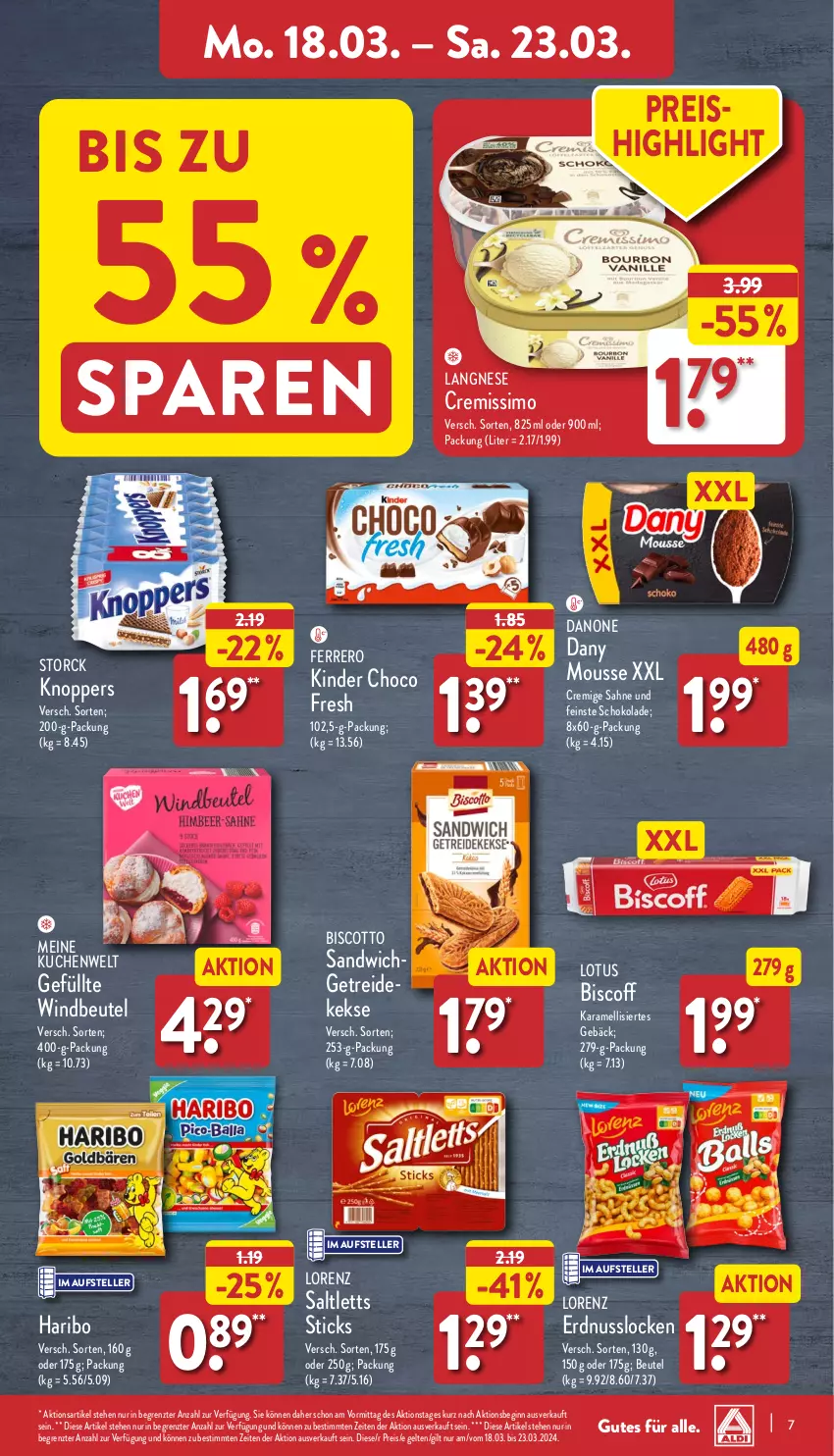 Aktueller Prospekt Aldi Nord - Von Montag - von 18.03 bis 23.03.2024 - strona 7 - produkty: beutel, biscoff, biscotto, choco fresh, cremissimo, danone, Dany, eis, elle, erdnuss, ferrero, gin, haribo, karamell, keks, kekse, Kinder, Kinder Choco fresh, knoppers, kuchen, langnese, langnese cremissimo, lorenz, mousse, nuss, reis, sahne, saltletts, sandwich, schoko, schokolade, sim, storck, teller, Ti, Windbeutel, ZTE