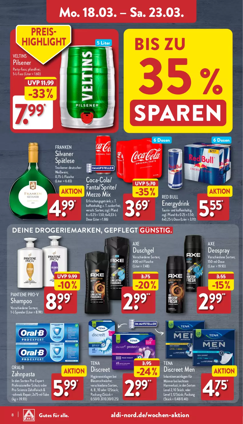 Aktueller Prospekt Aldi Nord - Von Montag - von 18.03 bis 23.03.2024 - strona 8 - produkty: aldi, axe, axe duschgel, Cien, coca-cola, cola, deo, deospray, Discreet, drink, duschgel, eis, elle, erfrischungsgetränk, fanta, flasche, fleisch, getränk, Mezzo Mix, oral-b, pantene, pantene pro-v, pasta, pils, pilsener, pro-v, red bull, reis, shampoo, silvaner, sprite, teller, Ti, veltins, veltins pilsener, wein, Weißwein, zahnpasta, zucker