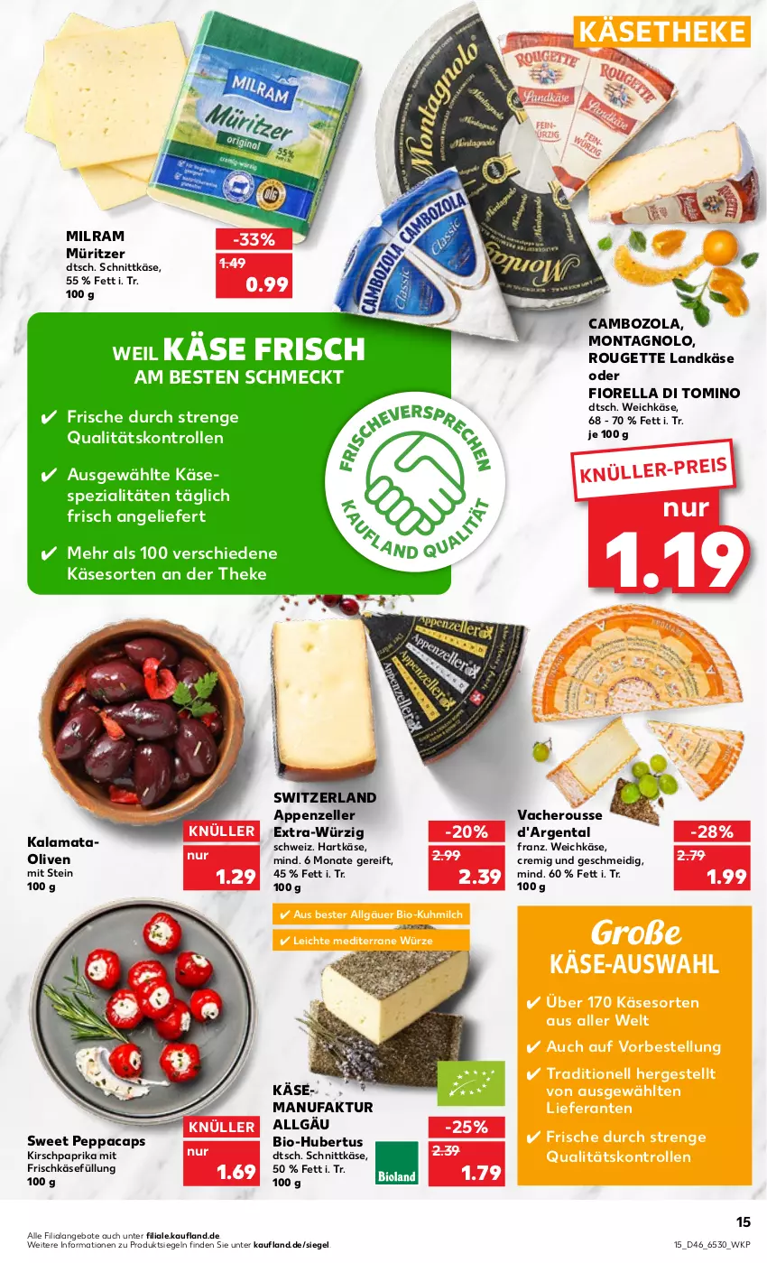 Aktueller Prospekt Kaufland - von 17.11 bis 23.11.2022 - strona 15 - produkty: angebot, angebote, appenzeller, bio, cambozola, Cap, eis, elle, Faktu, frischkäse, hartkäse, hero, HP, Käse, käsetheke, kirsch, landkäse, LG, milch, milram, ndk, olive, oliven, paprika, rel, rouge, rougette, schnittkäse, Spezi, Ti, weichkäse