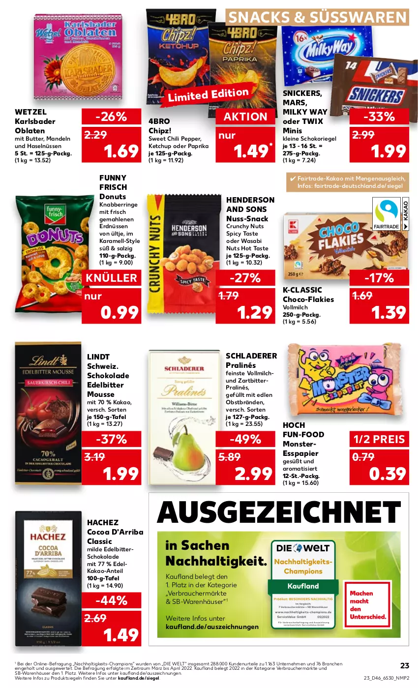 Aktueller Prospekt Kaufland - von 17.11 bis 23.11.2022 - strona 23 - produkty: Bad, butter, champion, chili, Donut, donuts, eis, enders, erdnüsse, erdnüssen, Funny Frisch, kakao, karamell, ketchup, leine, LG, lindt, mandel, mandeln, mars, milch, milky way, monster, mousse, nuss, Oblaten, obst, oder twix, papier, paprika, pril, Rauch, reis, riegel, ring, sac, salz, Schladerer, schoko, schokolade, schokoriegel, snack, snacks, snickers, süsswaren, Ti, twix, ültje, vollmilch, wasa