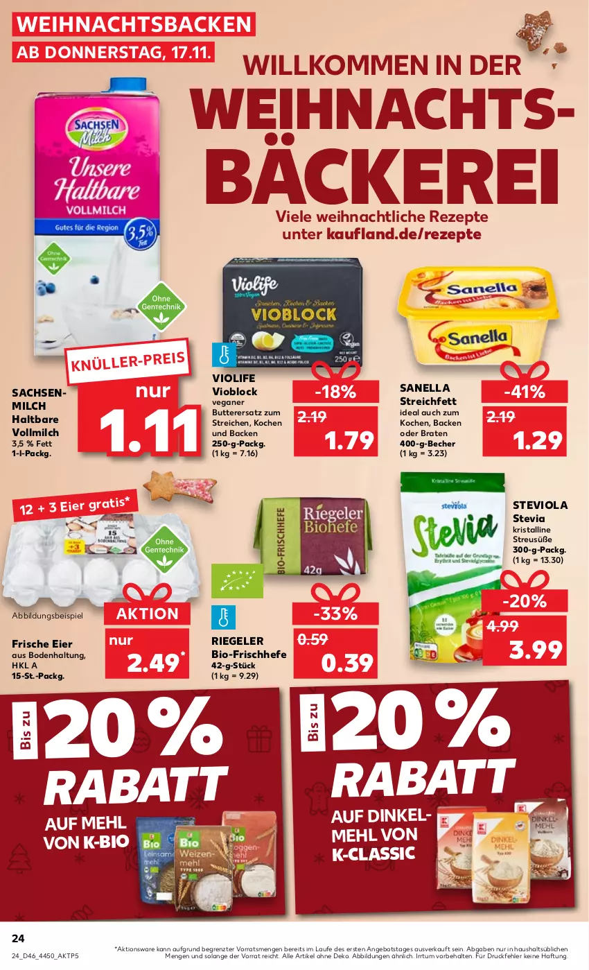 Aktueller Prospekt Kaufland - von 17.11 bis 23.11.2022 - strona 24 - produkty: angebot, Becher, bio, braten, butter, dinkelmehl, eier, eis, Hefe, mehl, milch, rezept, rezepte, riegel, sac, Ti, vollmilch, ZTE