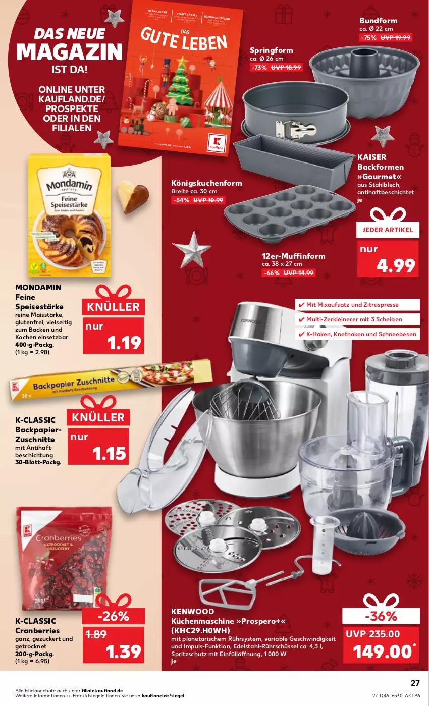 Aktueller Prospekt Kaufland - von 17.11 bis 23.11.2022 - strona 27 - produkty: angebot, angebote, Backform, Brei, Bundform, cranberries, edelstahl, eis, Kaiser, küche, kuchen, Küchen, küchenmaschine, leine, mac, magazin, mais, Mixa, mondamin, Muffin, Muffinform, papier, Ria, ring, Rührschüssel, sac, Schneebesen, schüssel, snack, snacks, Springform, Spritzschutz, Ti, Yo, Zerkleinerer, Zitruspresse, zucker