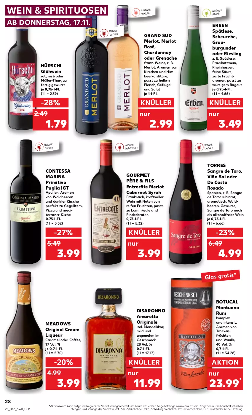 Aktueller Prospekt Kaufland - von 17.11 bis 23.11.2022 - strona 28 - produkty: alkohol, Amaretto, angebot, beere, beeren, braten, burgunder, cabernet, caramel, chardonnay, dell, eier, eis, elle, entrecôte, fleisch, frucht, früchte, früchten, Geflügel, gewürz, gin, Glühwein, grand sud, grill, Heu, kirsch, kirsche, kirschen, konfitüre, kraft, küche, lamm, likör, liqueur, mac, mandel, merl, merlot, Müller, Müller-Thurgau, pizza, primitivo, Ragout, reifen, riesling, rind, rinder, rinderbraten, roséwein, rotwein, Rubin, rum, salat, saro, spirituosen, Ti, tisch, tuc, vanille, wein, weine, Weißwein, ZTE