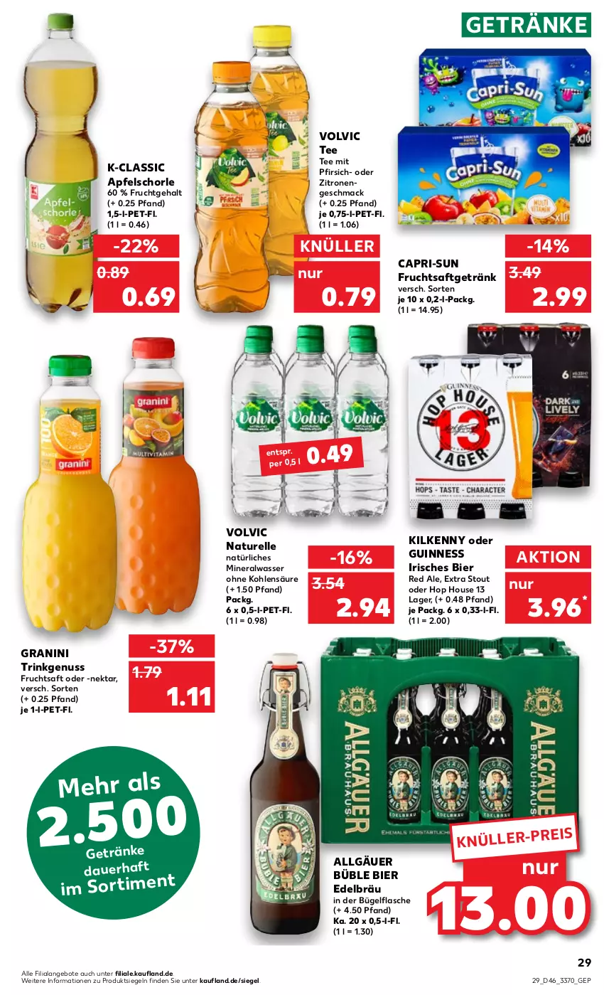 Aktueller Prospekt Kaufland - von 17.11 bis 23.11.2022 - strona 29 - produkty: Alwa, angebot, angebote, apfel, Apfelschorle, auer, bier, bügel, bügelflasche, Cap, capri-sun, eis, elle, flasche, frucht, fruchtsaft, fruchtsaftgetränk, getränk, getränke, granini, Guinness, Kilkenny, LG, mac, mineralwasser, natur, natürliches mineralwasser, Nektar, nuss, pfirsich, rel, saft, schorle, tee, Ti, volvic, wasser, zitrone, zitronen