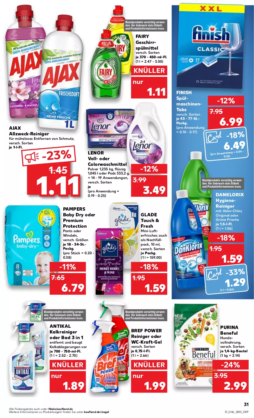 Aktueller Prospekt Kaufland - von 17.11 bis 23.11.2022 - strona 31 - produkty: ajax, angebot, angebote, Bad, beutel, Bref, bref power, colorwaschmittel, danklorix, fairy, Finish, geschirr, geschirrspülmittel, gin, Glade, Kalkreiniger, kraft, lenor, lufterfrischer, pampers, pampers baby dry, Pants, Pods, purina, reiniger, spülmaschinen, spülmaschinentabs, spülmittel, Ti, waschmittel, weck, windeln