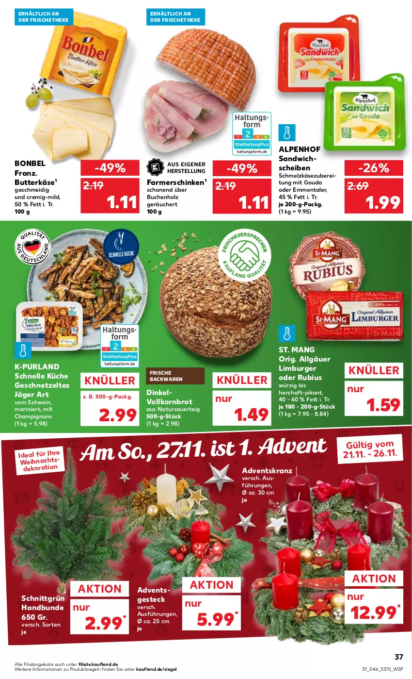 Aktueller Prospekt Kaufland - von 17.11 bis 23.11.2022 - strona 37 - produkty: Adventskranz, angebot, angebote, auer, backwaren, bonbel, brot, buch, burger, butter, butterkäse, champignon, champignons, dekoration, elle, emmentaler, farmerschinken, frische backwaren, geschnetzeltes, gouda, Holz, Käse, korn, Kornbrot, Kranz, küche, LG, Limburger, mit gouda, natur, purland, Rubius, sandwich, schinken, Schmelzkäse, schmelzkäsezubereitung, schwein, St. Mang, Ti, vollkornbrot, wein, Zelt