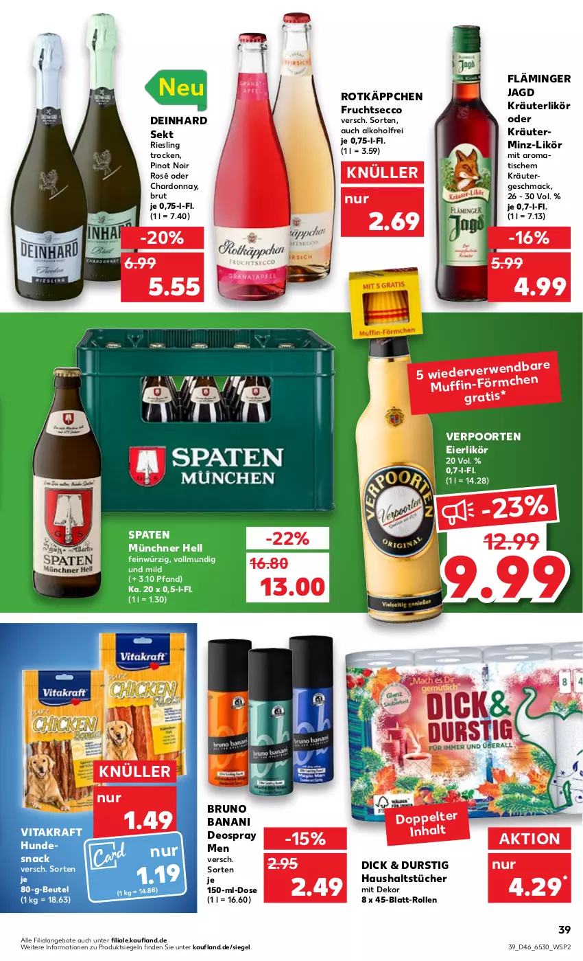 Aktueller Prospekt Kaufland - von 17.11 bis 23.11.2022 - strona 39 - produkty: alkohol, angebot, angebote, beutel, bruno banani, brut, chardonnay, deo, deospray, ecco, eier, eierlikör, frucht, fruchtsecco, haushaltstücher, hundesnack, kraft, kräuter, kräuterlikör, likör, mac, Muffin, oder kräuter, Pinot, pinot noir, riesling, rotkäppchen, sekt, snack, Spaten, Ti, tisch, tücher, verpoorten, vita, vitakraft