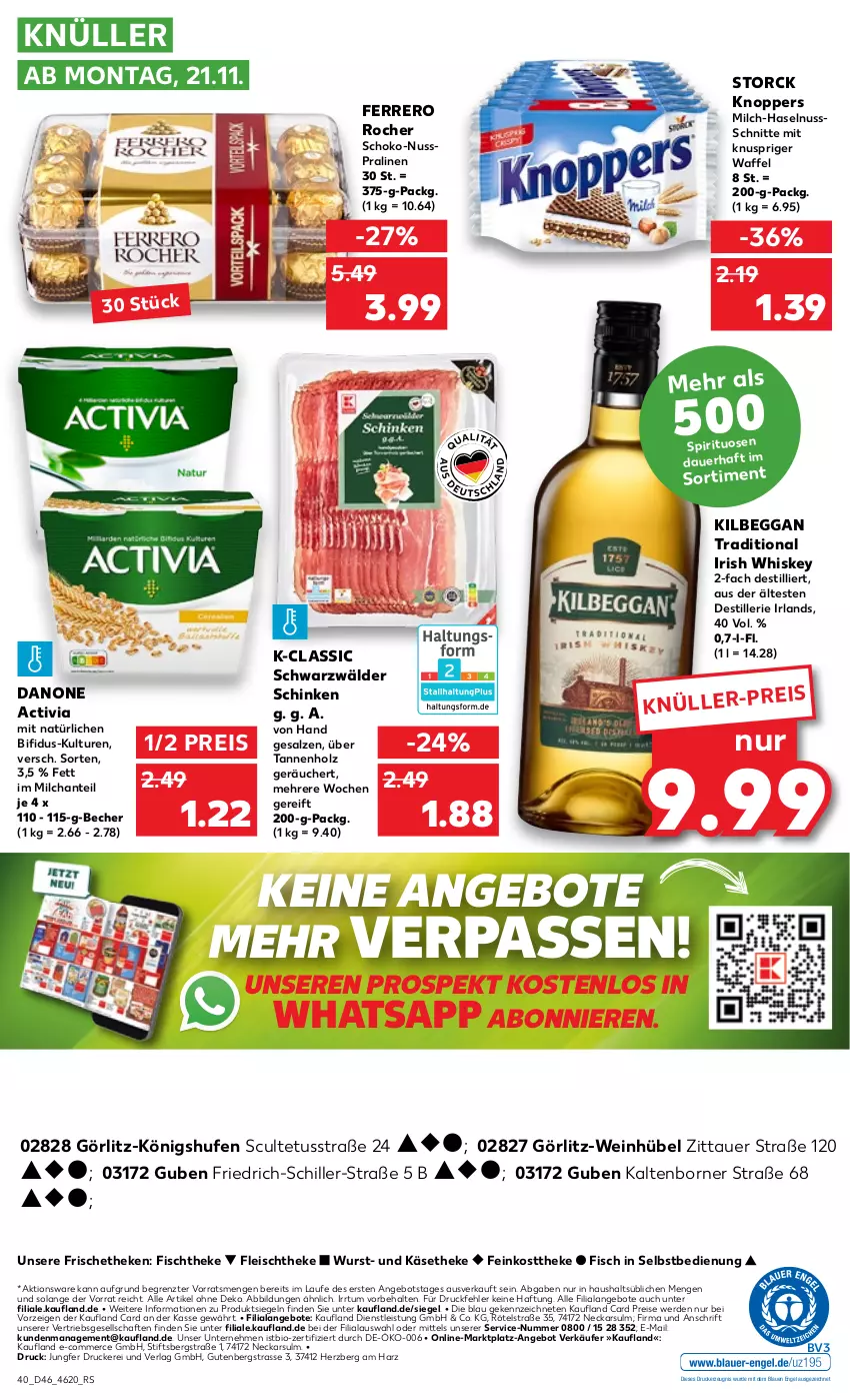 Aktueller Prospekt Kaufland - von 17.11 bis 23.11.2022 - strona 40 - produkty: activia, angebot, angebote, auer, Becher, bifi, bio, danone, danone activia, drucker, eis, Engel, erde, feinkost, feinkosttheke, ferrero, Ferrero Rocher, fisch, fischtheke, fleisch, haselnuss, Holz, irish whiskey, Käse, käsetheke, kerze, kilbeggan, knoppers, milch, nuss, pralinen, reis, salz, schinken, schoko, schwarzwälder schinken, spirituosen, storck, Ti, wein, whiskey, wurst, ZTE