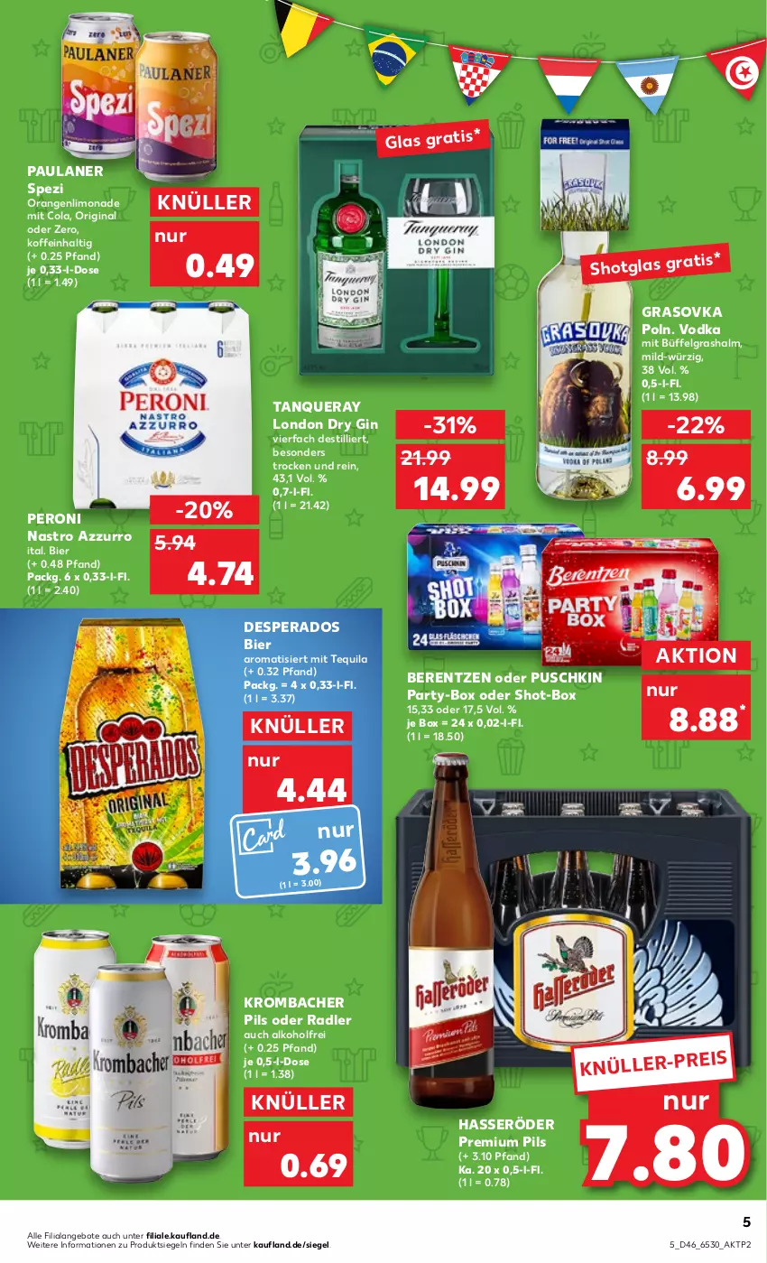 Aktueller Prospekt Kaufland - von 17.11 bis 23.11.2022 - strona 5 - produkty: alkohol, angebot, angebote, berentzen, bier, cola, desperados, dry gin, eis, gin, hasseröder, krombache, krombacher, krombacher pils, LG, limo, limonade, london dry, london dry gin, oder radler, orange, orangen, Paula, paulaner, Peroni, pils, premium pils, radler, Shotglas, Spezi, Tanqueray, tequila, Ti, vodka