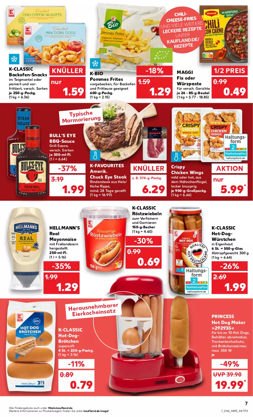 Aktueller Prospekt Kaufland - von 17.11 bis 23.11.2022 - strona 7 - produkty: angebot, angebote, backofen, backofen und, bbq-sauce, Becher, Behälter, beutel, bio, brötchen, chicken wings, chili, eier, eis, fritteuse, garnier, geback, grill, hähnchenflügel, Hellmann's, hot dog, maggi, maggi fix, Mantel, mayonnaise, Ofen, pommes, Pommes Frites, reis, rezept, rezepte, rind, rinder, Rindersteak, röstzwiebeln, sauce, snack, snacks, steak, Ti, würstchen, Yo, zwiebel, zwiebeln