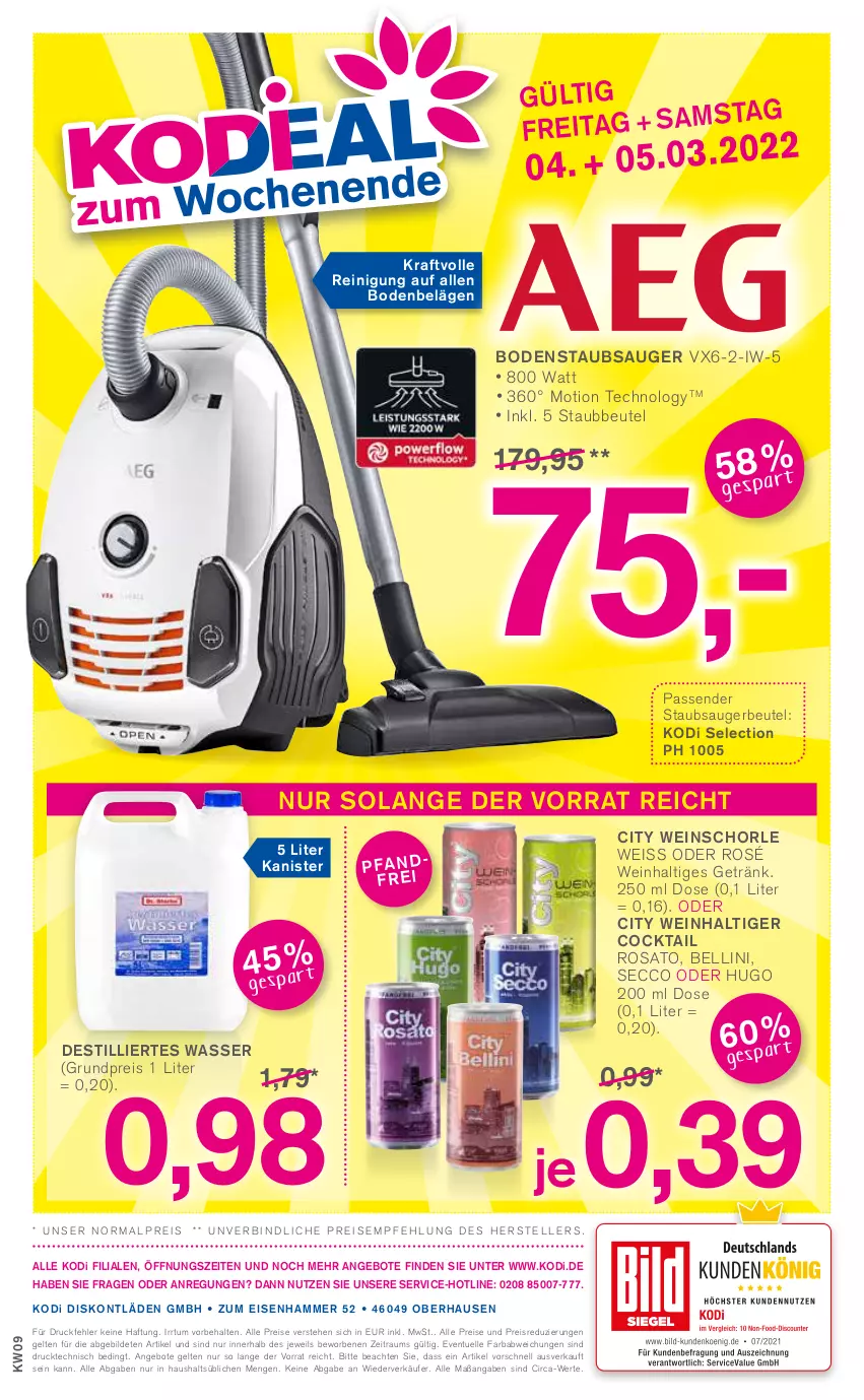 Aktueller Prospekt Kodi - Prospekte - von 26.02 bis 03.03.2022 - strona 12 - produkty: angebot, angebote, beutel, bodenstaubsauger, cocktail, ecco, eis, elle, getränk, hugo, kraft, Reinigung, reis, rosato, schorle, staubbeutel, staubsauger, staubsaugerbeutel, teller, Ti, wasser, wein, weinschorle