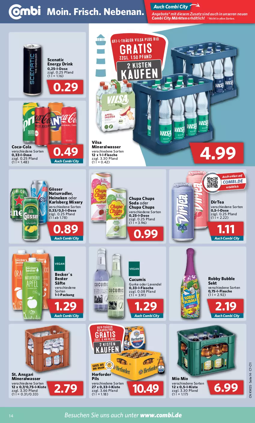 Aktueller Prospekt Combi - Prospekte - von 20.06 bis 25.06.2022 - strona 14 - produkty: alkohol, Alwa, angebot, angebote, bio, chupa, chupa chups, coca-cola, cola, drink, energy drink, flasche, gösser, gurke, heineken, karlsberg, karlsberg mixery, lavendel, mineralwasser, Mio Mio, Mixer, mixery, natur, pils, radler, robby, säfte, sekt, Soda, Ti, vilsa, wasser